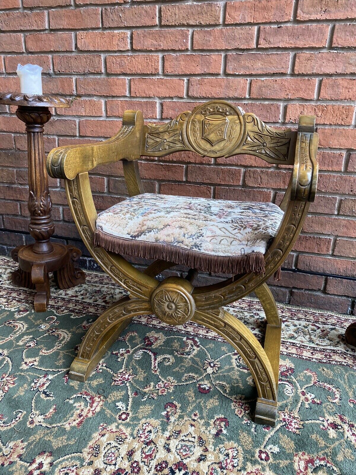 Spanish Carved Oak Cross Frame Hall Chair In Charles II Manor Circa 1890 photo furniture