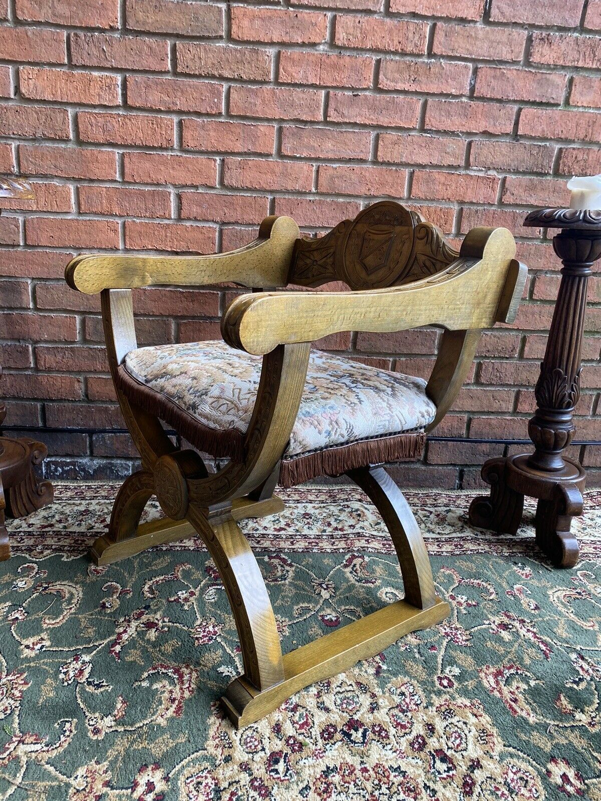 photo for sale Spanish Carved Oak Cross Frame Hall Chair In Charles II Manor Circa 1890