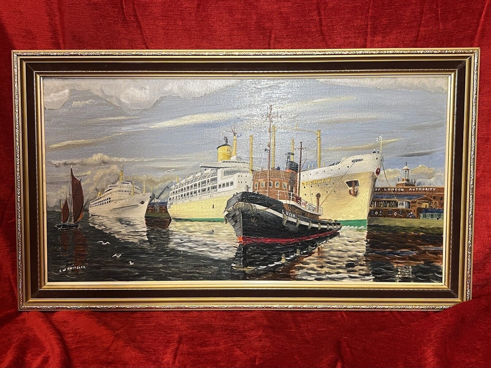 Fine 20th Century Maritime Port Of London Oil Painting By E W Shingler photo furniture