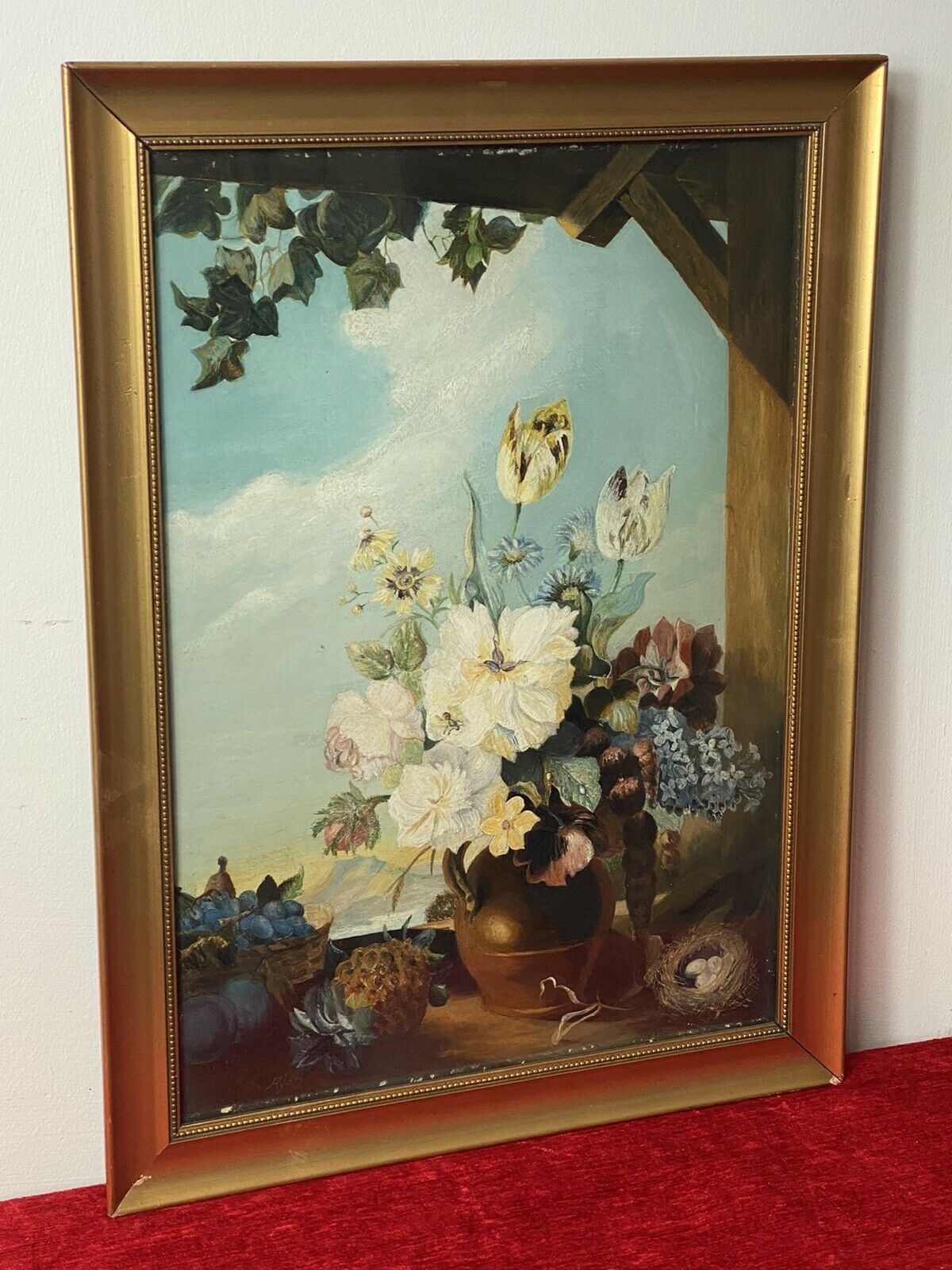 Original Still Life Artwork Oil Painting Of Fruit & Flowers By Artist A H D photo Art