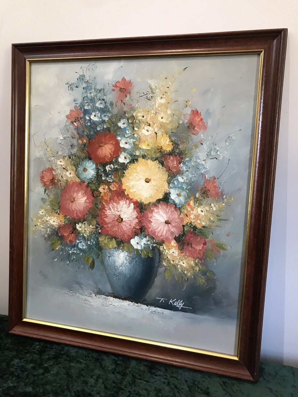 Original Oil Painting Still Life Vase Of Flowers Signed By Artist T Kelly photo for sale
