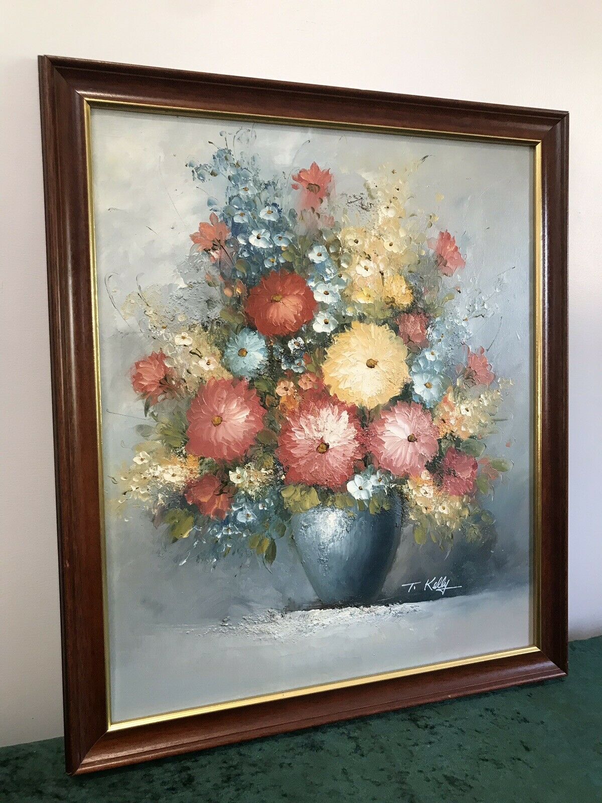 Original Oil Painting Still Life Vase Of Flowers Signed By Artist T Kelly photo Art