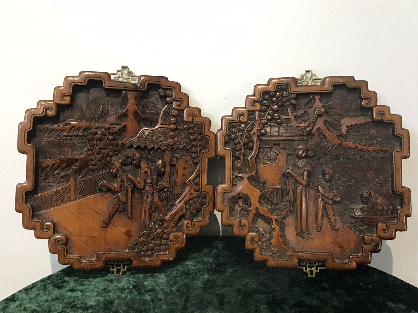 Fine Quality Pair Of Oriental Kang Si Style Hardwood Wall Plaques