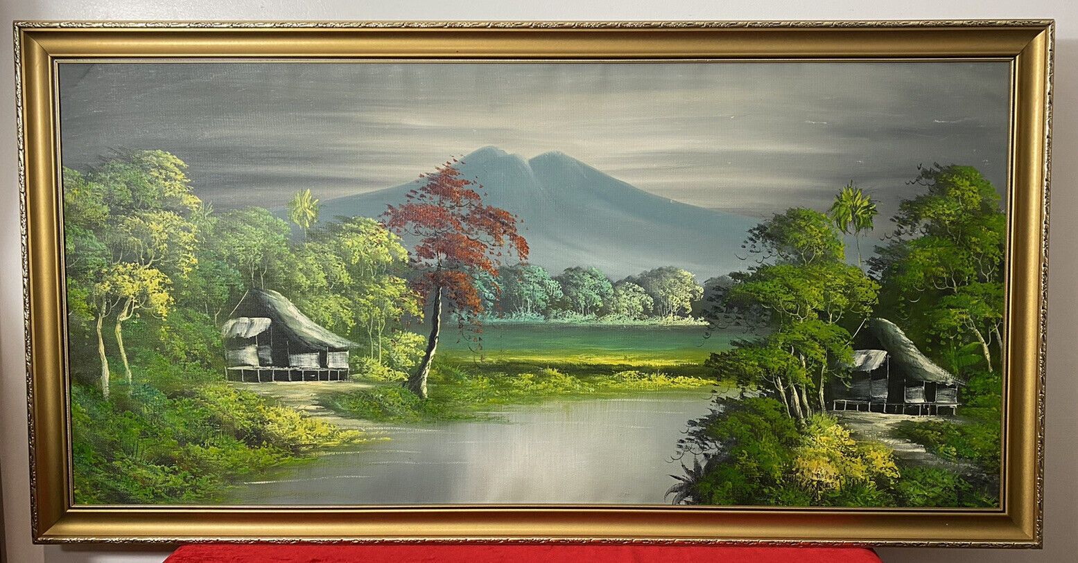 20th Century Indonesian Native Volcanic Settlement Landscape Oil Painting