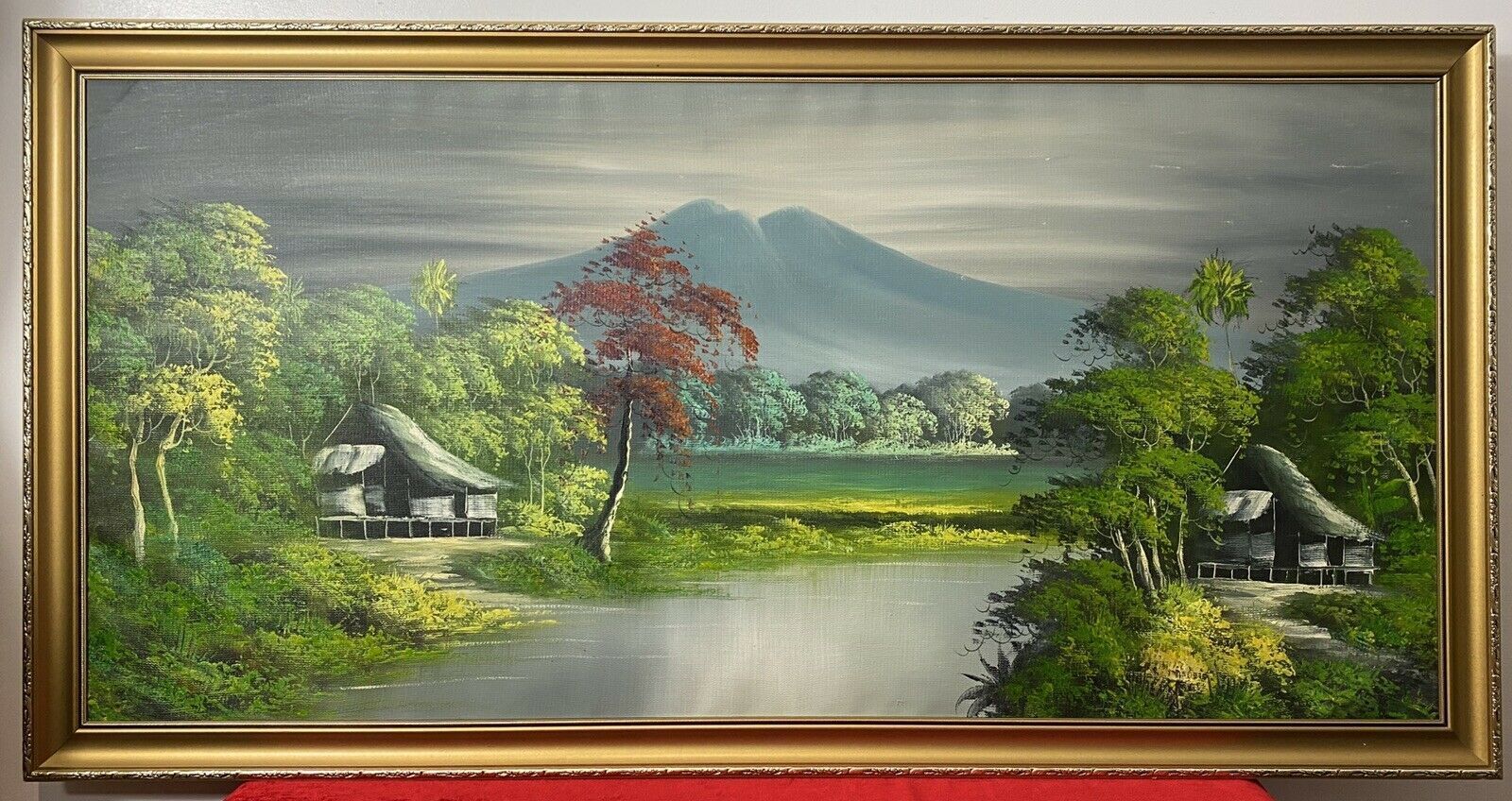 20th Century Indonesian Native Volcanic Settlement Landscape Oil Painting photo for sale