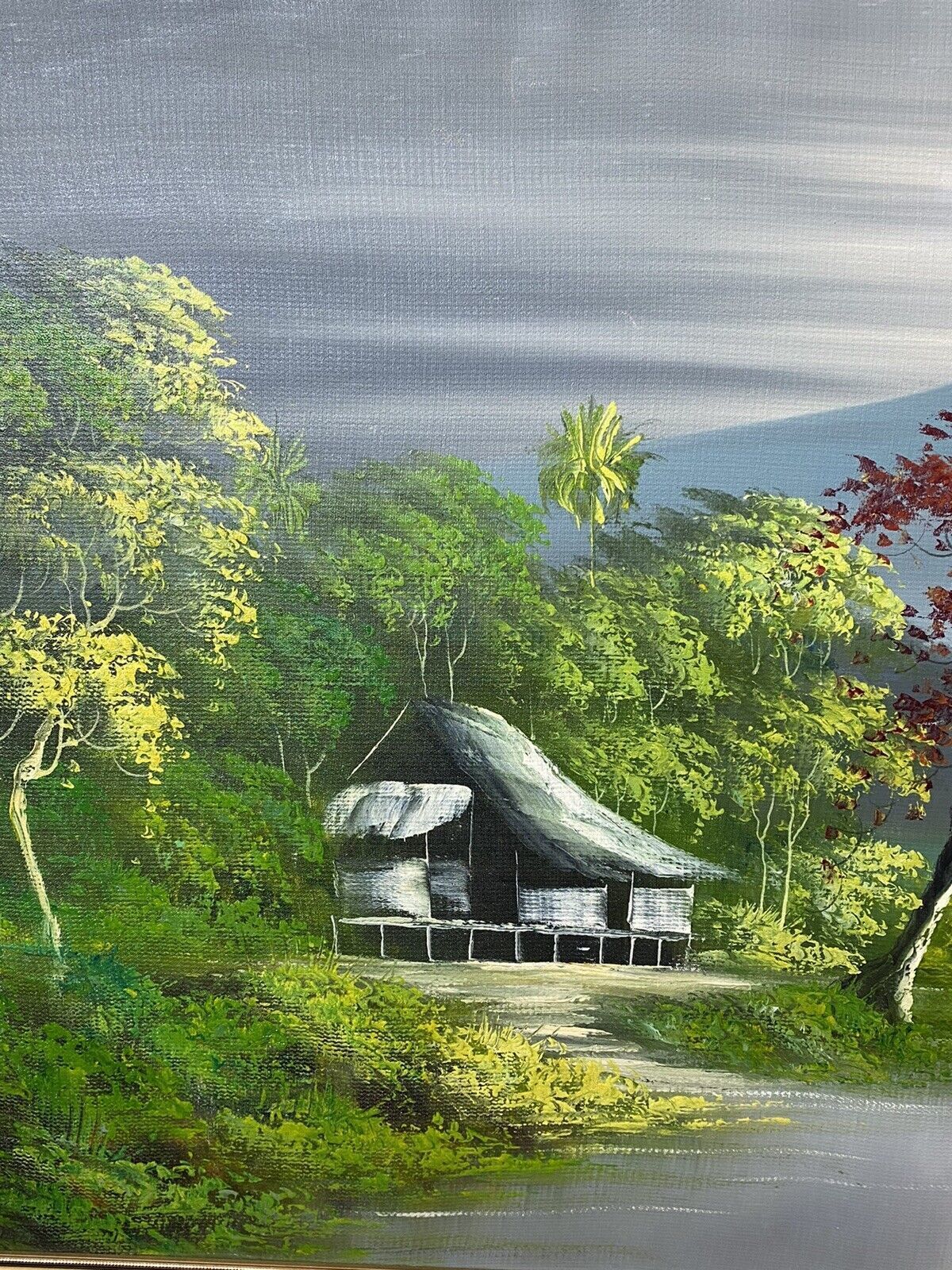 Art 20th Century Indonesian Native Volcanic Settlement Landscape Oil Painting photo