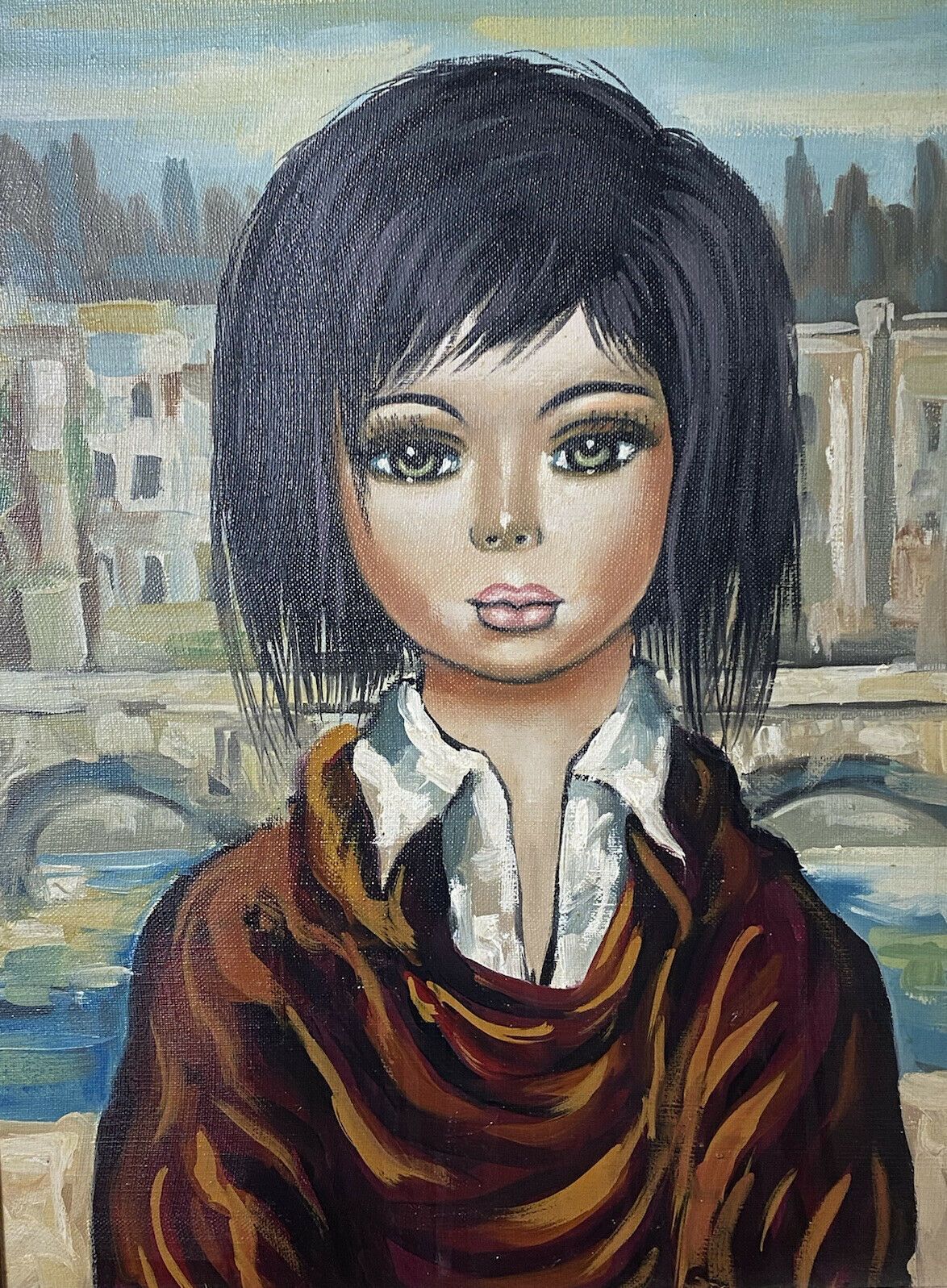 Italian Modern Caricature Style Oil Portrait Of Young Girl Signed Sageri photo for sale