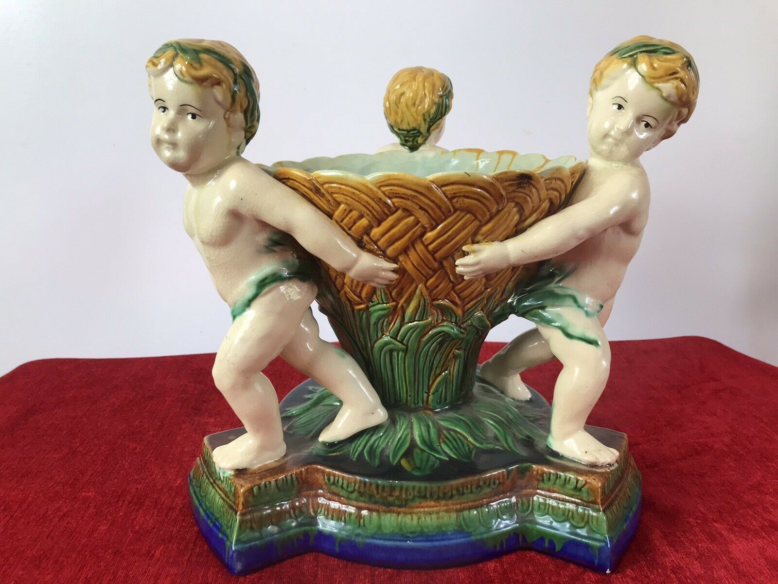 Italian Majolica Trio Of Cherubs Centrepiece With Green And Yellow Overglaze