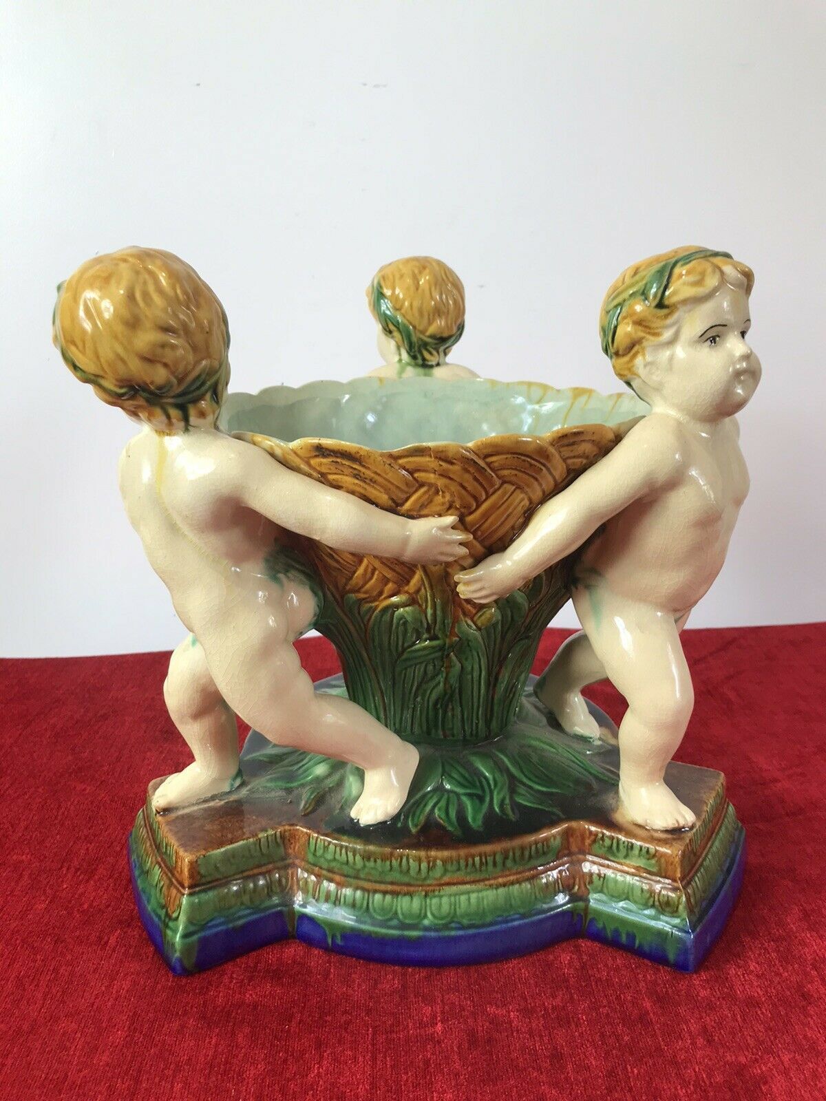 Italian Majolica Trio Of Cherubs Centrepiece With Green And Yellow Overglaze photo for sale