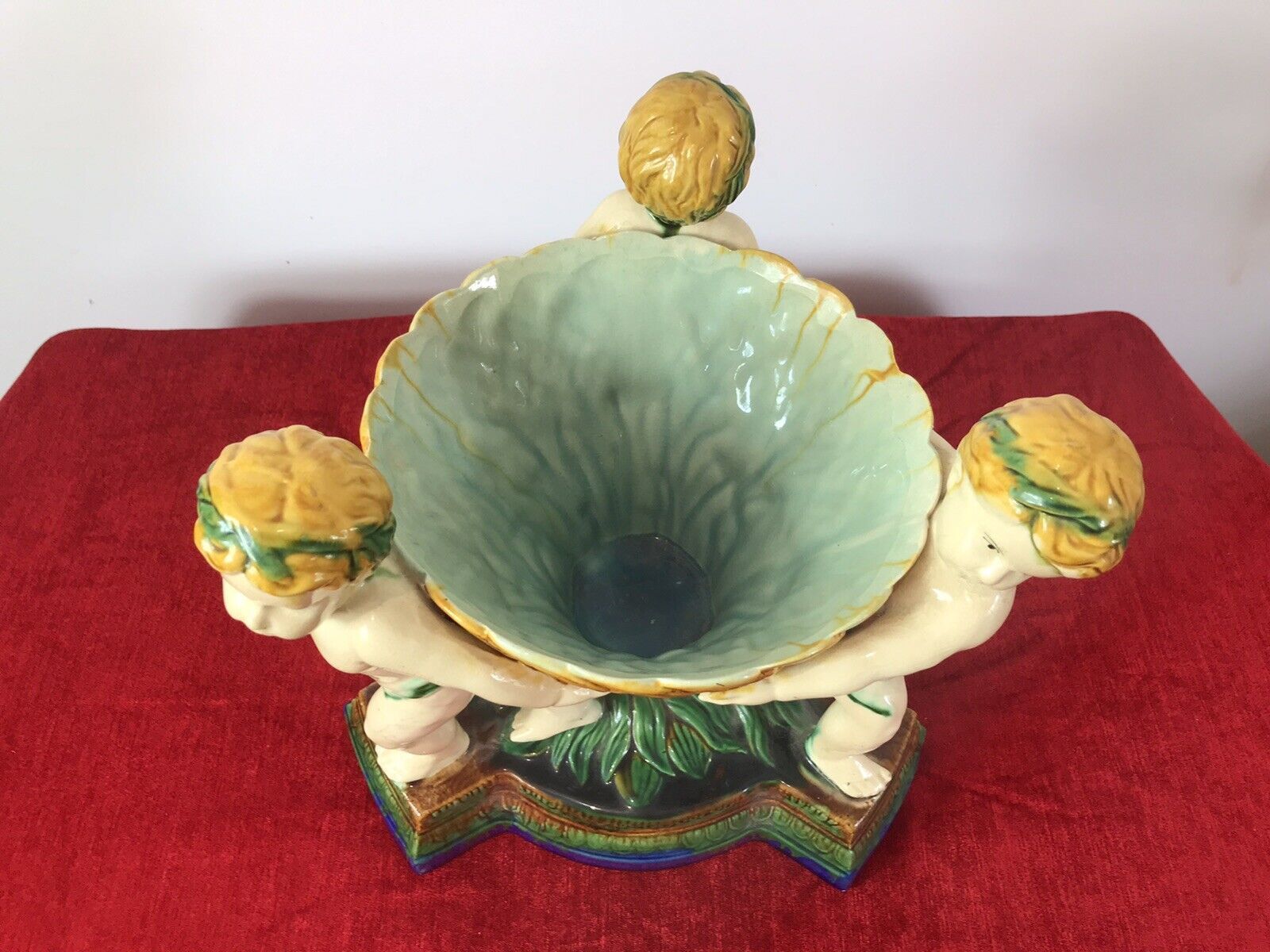 Italian Majolica Trio Of Cherubs Centrepiece With Green And Yellow Overglaze photo Home Decor