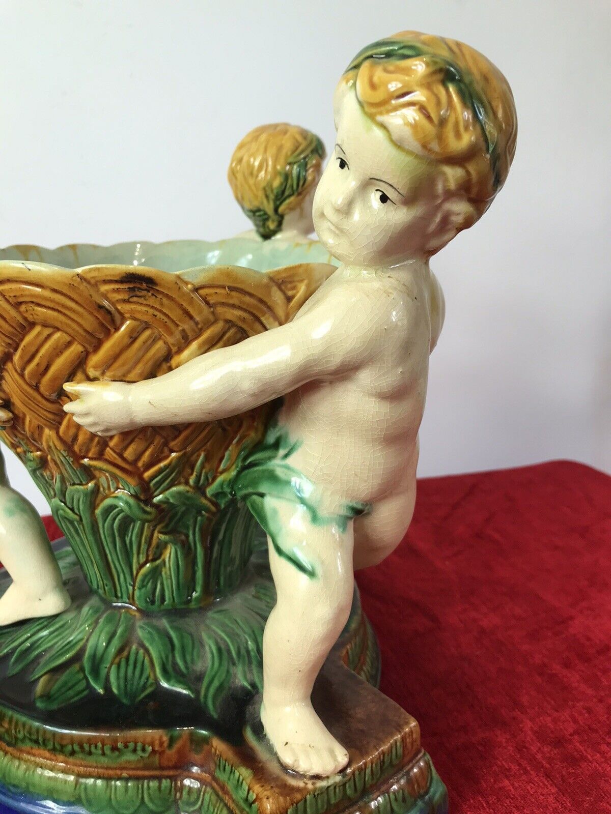 Italian Majolica Trio Of Cherubs Centrepiece With Green And Yellow Overglaze photo buy