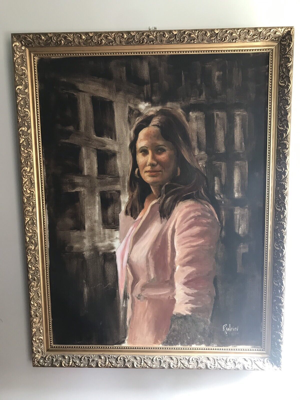 Portrait Of A Lady Oil On Canvas Set In Guilt Wood Frame Signed By Artist Rubin