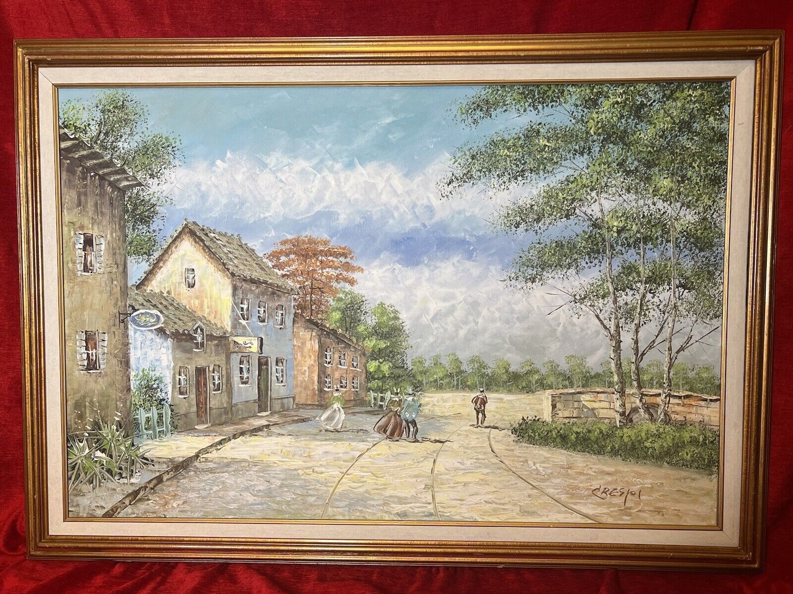 20th Century David Crespi 1928 1992 Mediterranian Village Scene Oil Painting