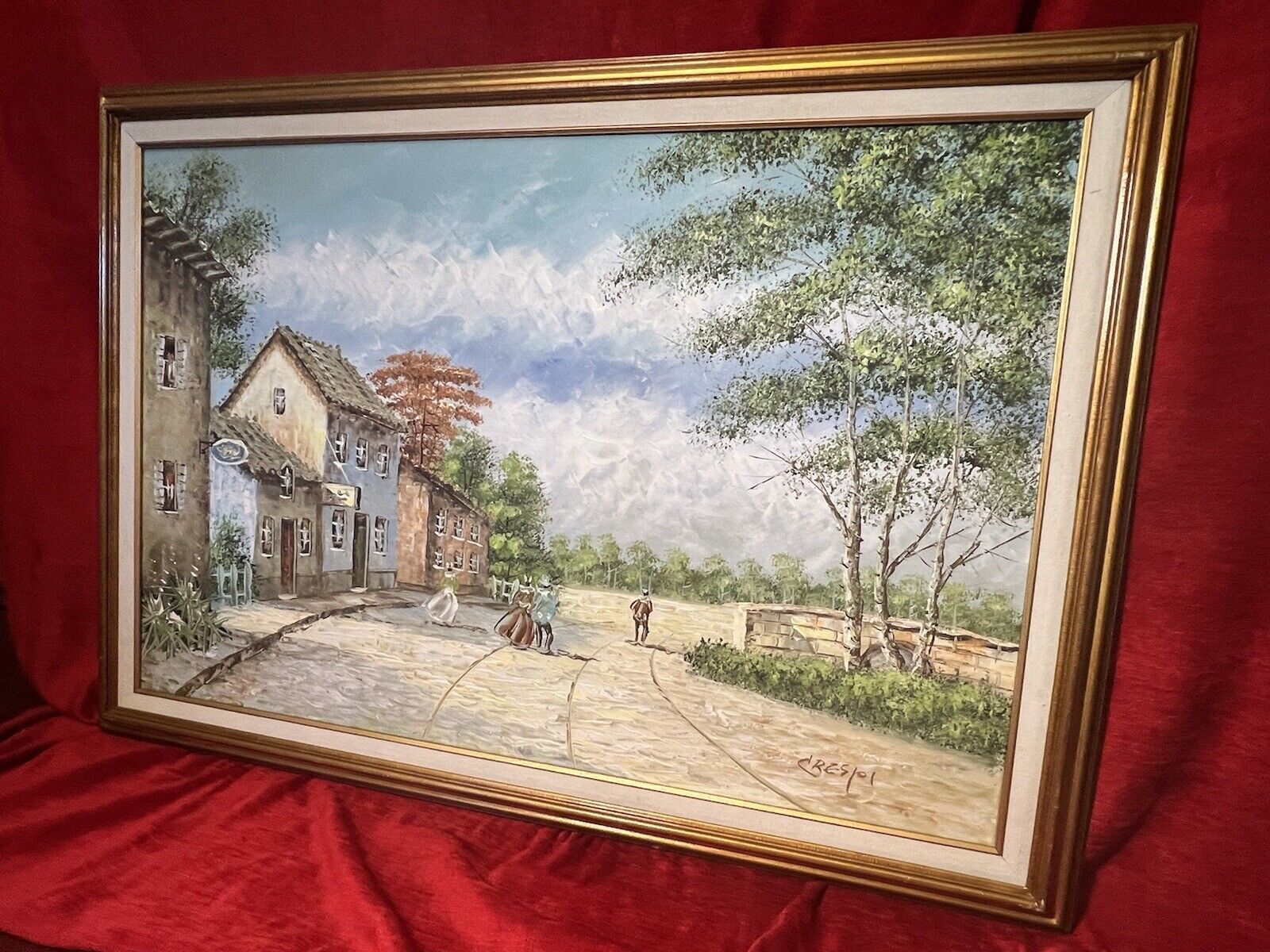 20th Century David Crespi 1928 1992 Mediterranian Village Scene Oil Painting photo Art