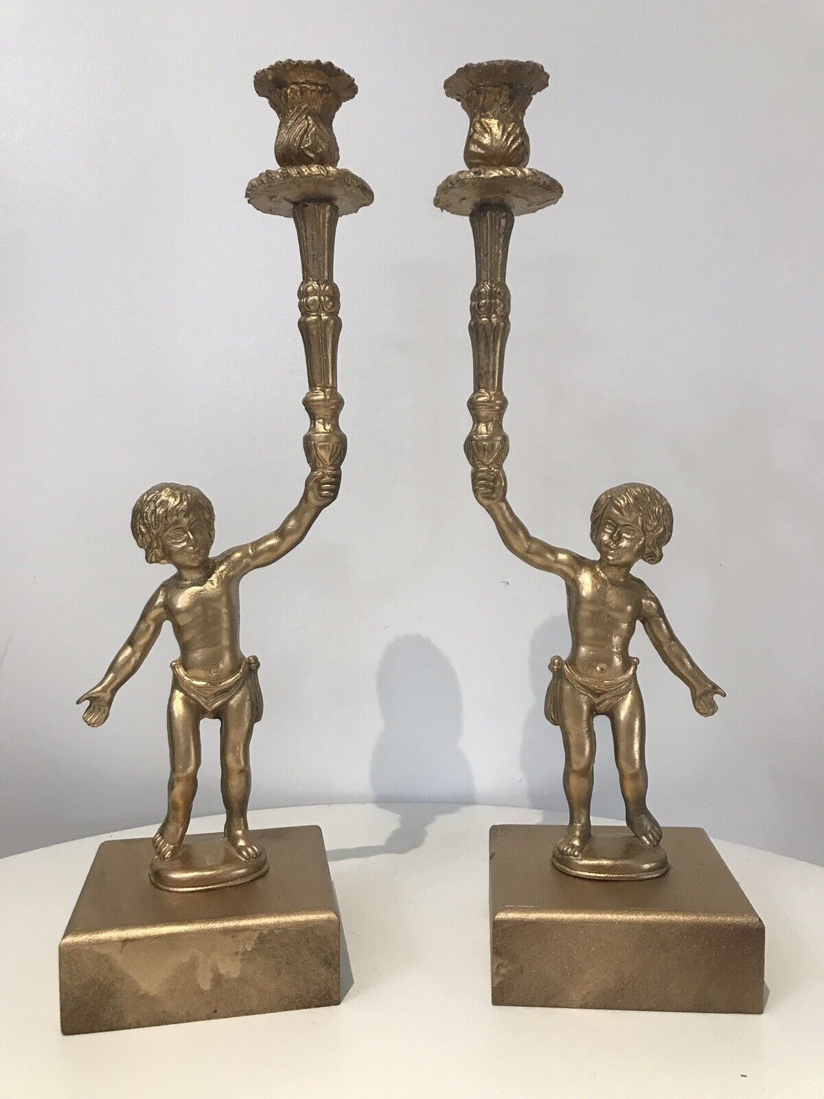 Stunning Pair Of Bronze Guilded Cherib Candelabras photo for sale