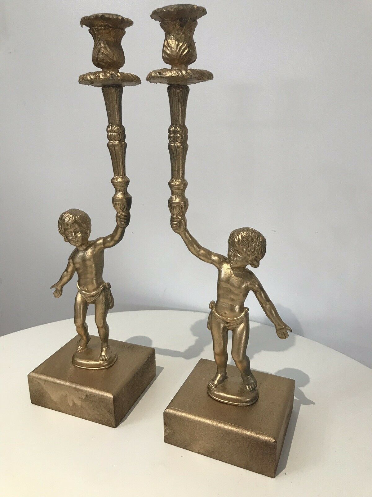 Home Decor Stunning Pair Of Bronze Guilded Cherib Candelabras photo
