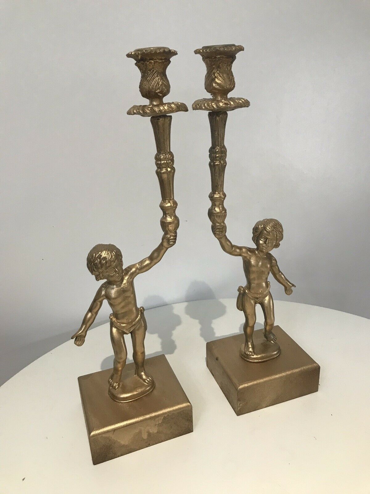 235.0 Stunning Pair Of Bronze Guilded Cherib Candelabras photo