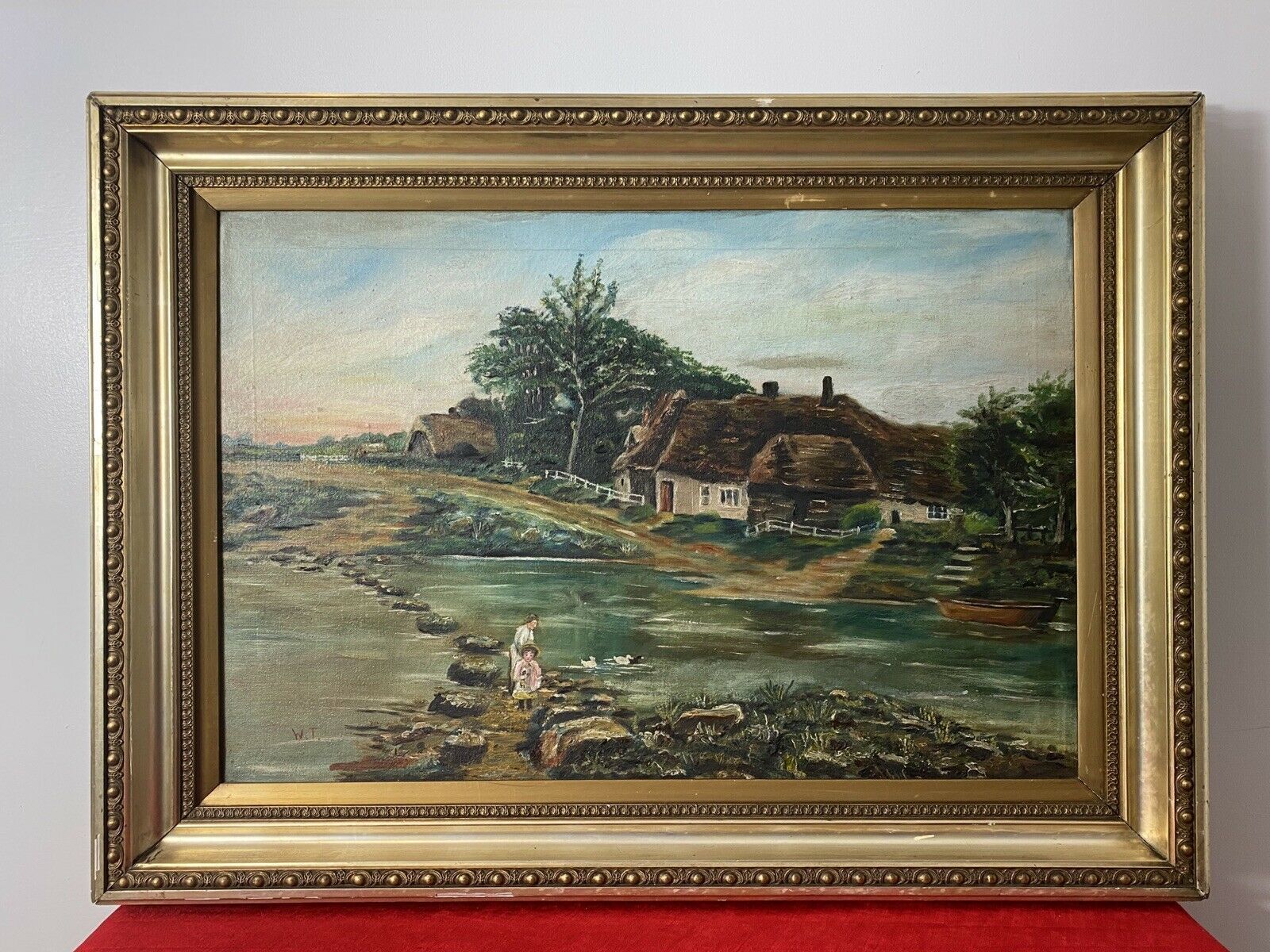 Original Oil Painting Of Thatch And River Crossing In Donegal Ireland Signed W.T photo furniture