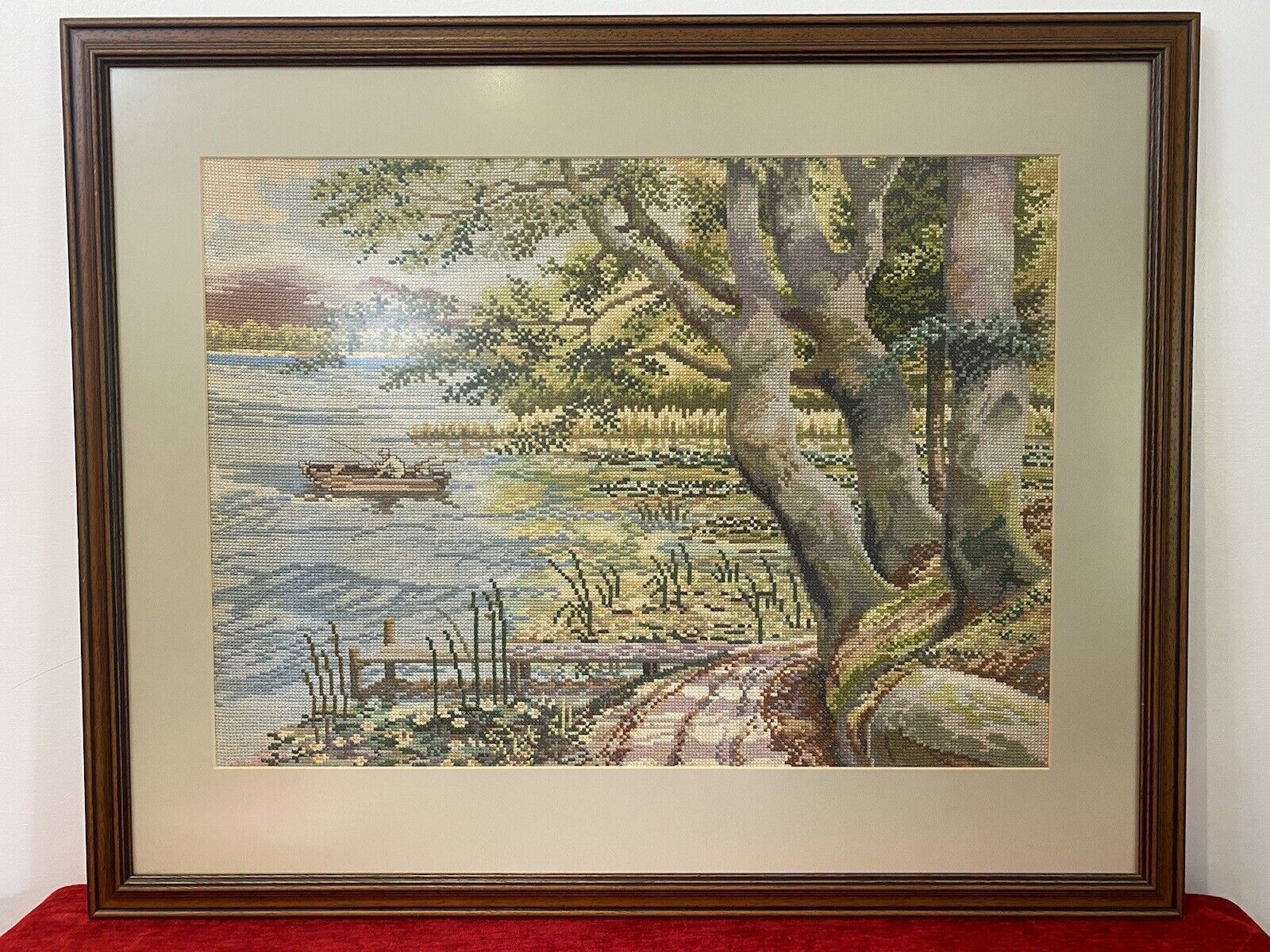 Hand Woven Lake Windermere Landscape Tapestry With Fisherman In Rowing Boat