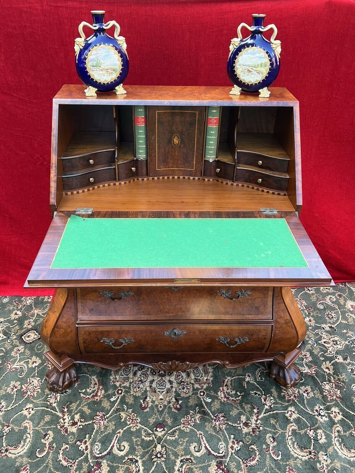 Fine Dutch Burl Walnut/Satinwood Inlay Bombe Writing Desk photo for sale