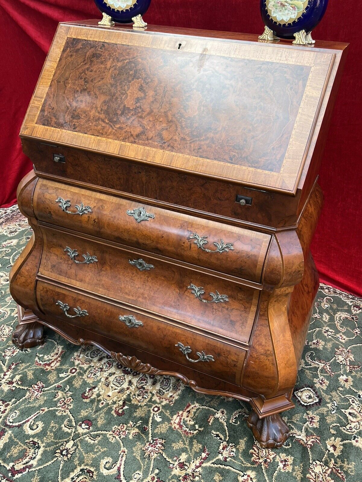 Fine Dutch Burl Walnut/Satinwood Inlay Bombe Writing Desk photo vinterior