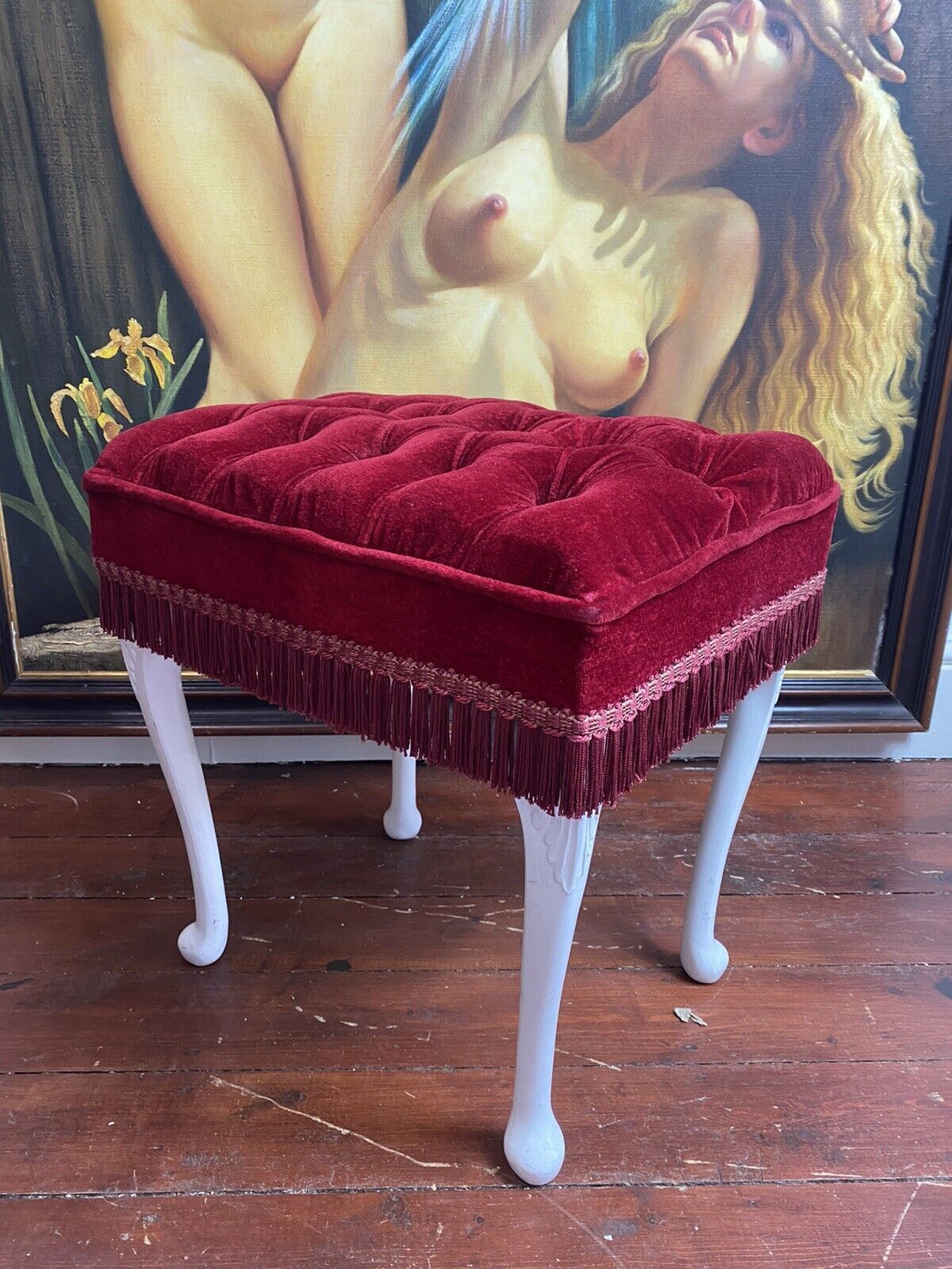 Vintage Hollywood Glamour Red Velvet Deep Buttoned Boudoir Stool photo buy