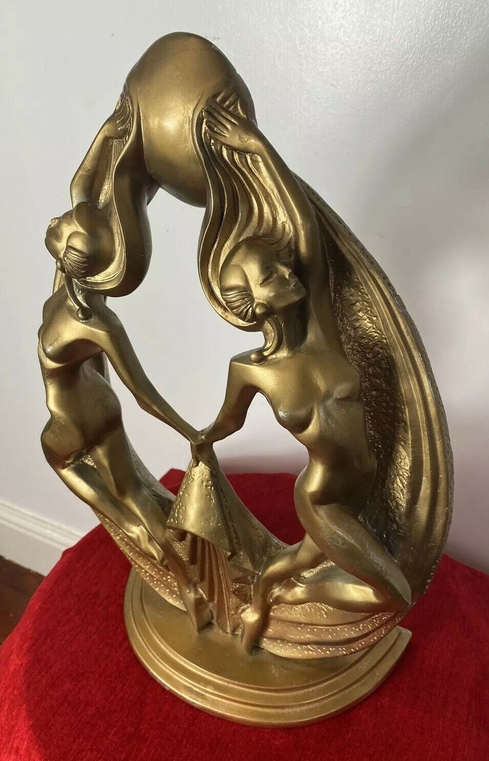 Rare French Empire 1930’s Art Deco Gilt Mascot Sculpture Of Two Nymphs photo vinterior