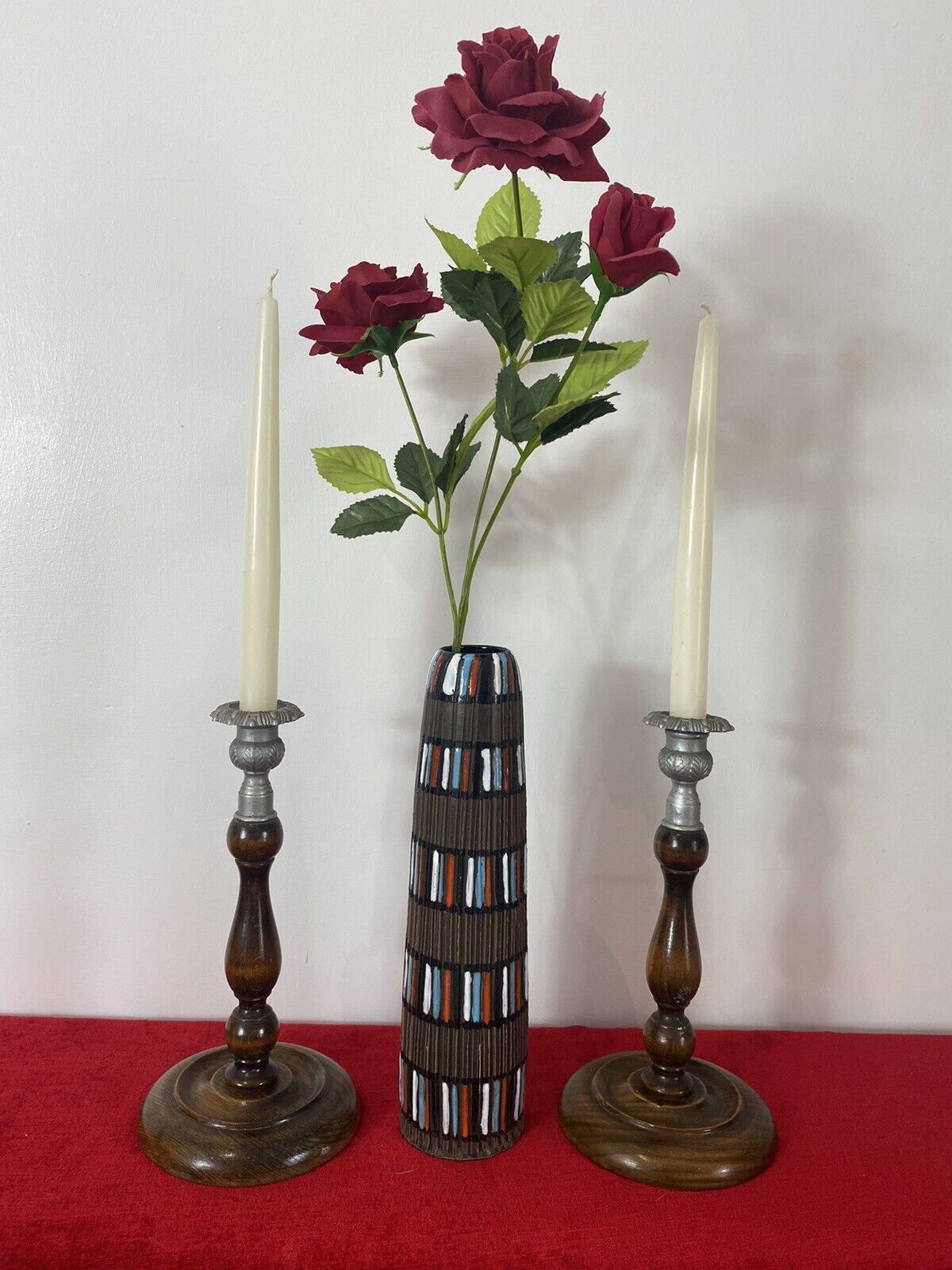 Pair Of Art Deco Mahogany And Pewter Candle Sticks