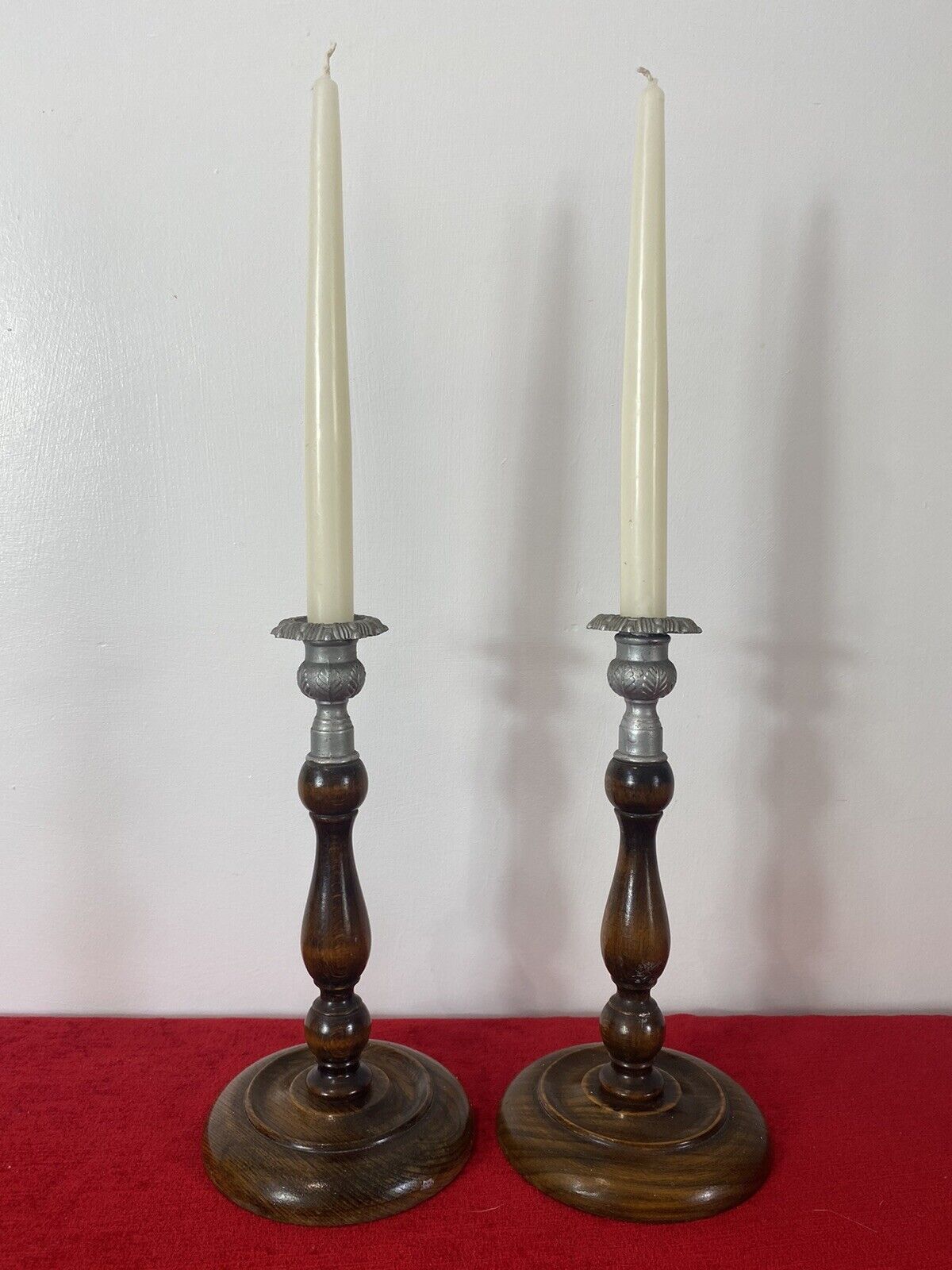 Pair Of Art Deco Mahogany And Pewter Candle Sticks photo for sale
