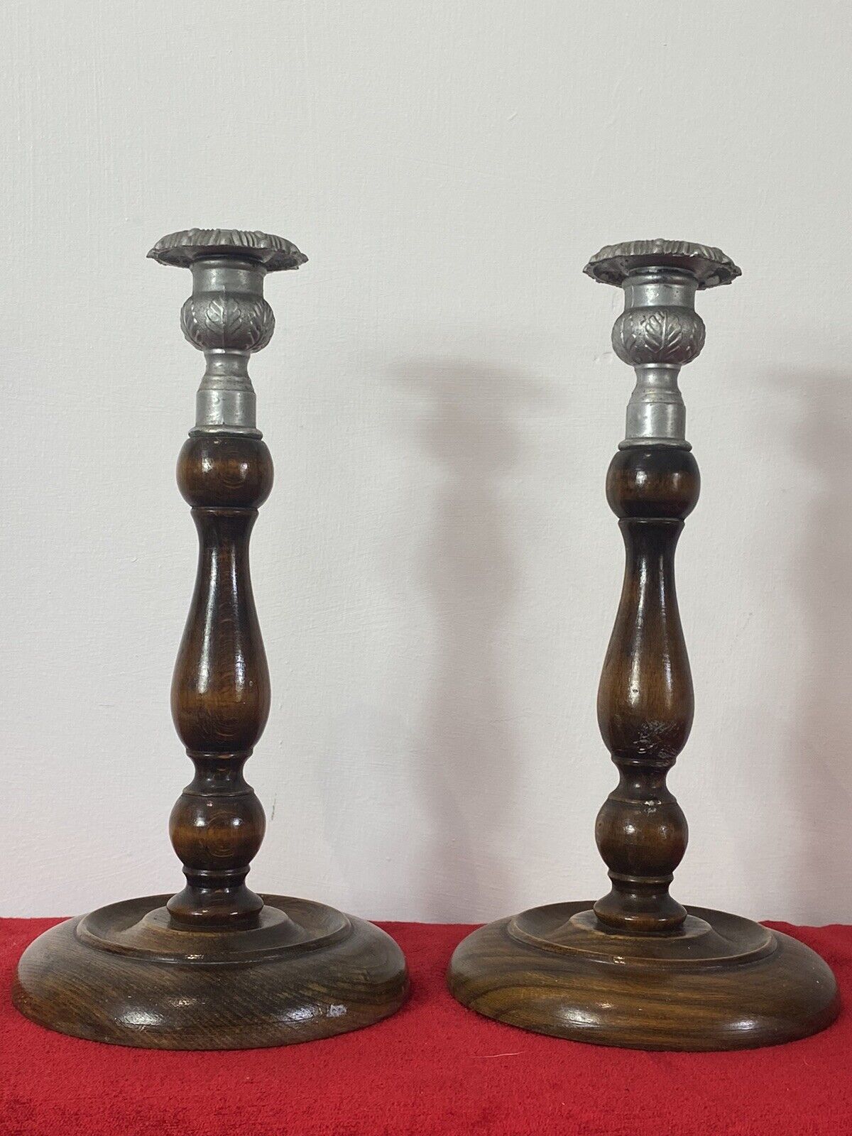 Pair Of Art Deco Mahogany And Pewter Candle Sticks photo vinterior