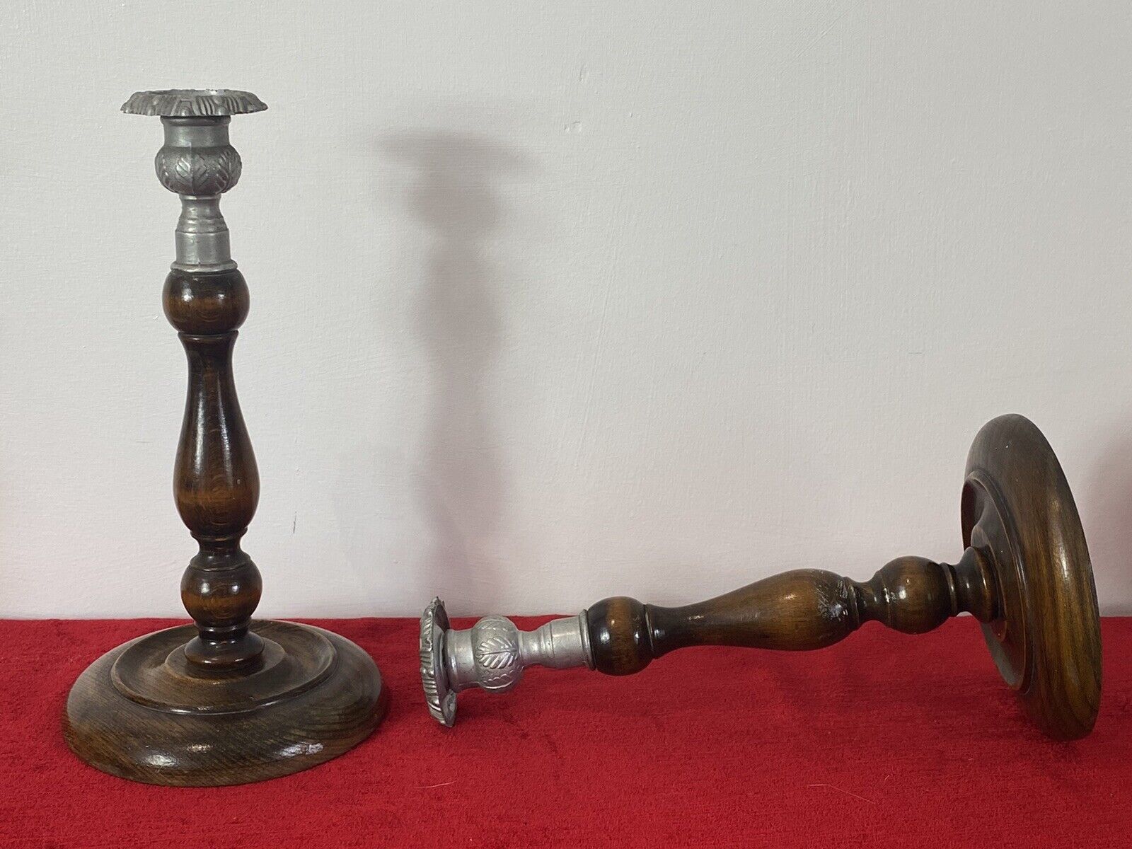 Pair Of Art Deco Mahogany And Pewter Candle Sticks photo vintage