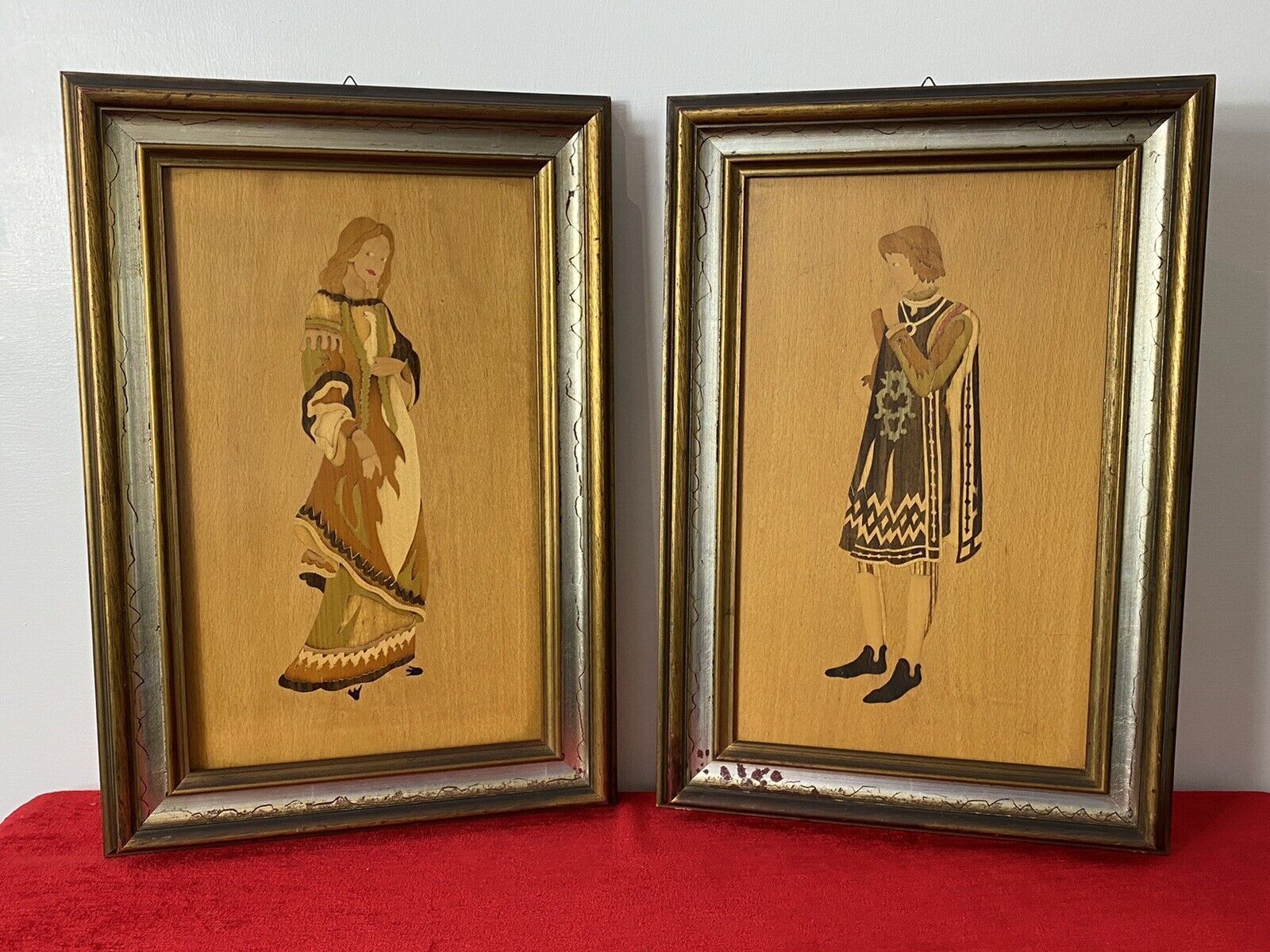 Pair Of Italian Early Medieval Noble Figures Marquetry Inlaid Plaques photo vinterior