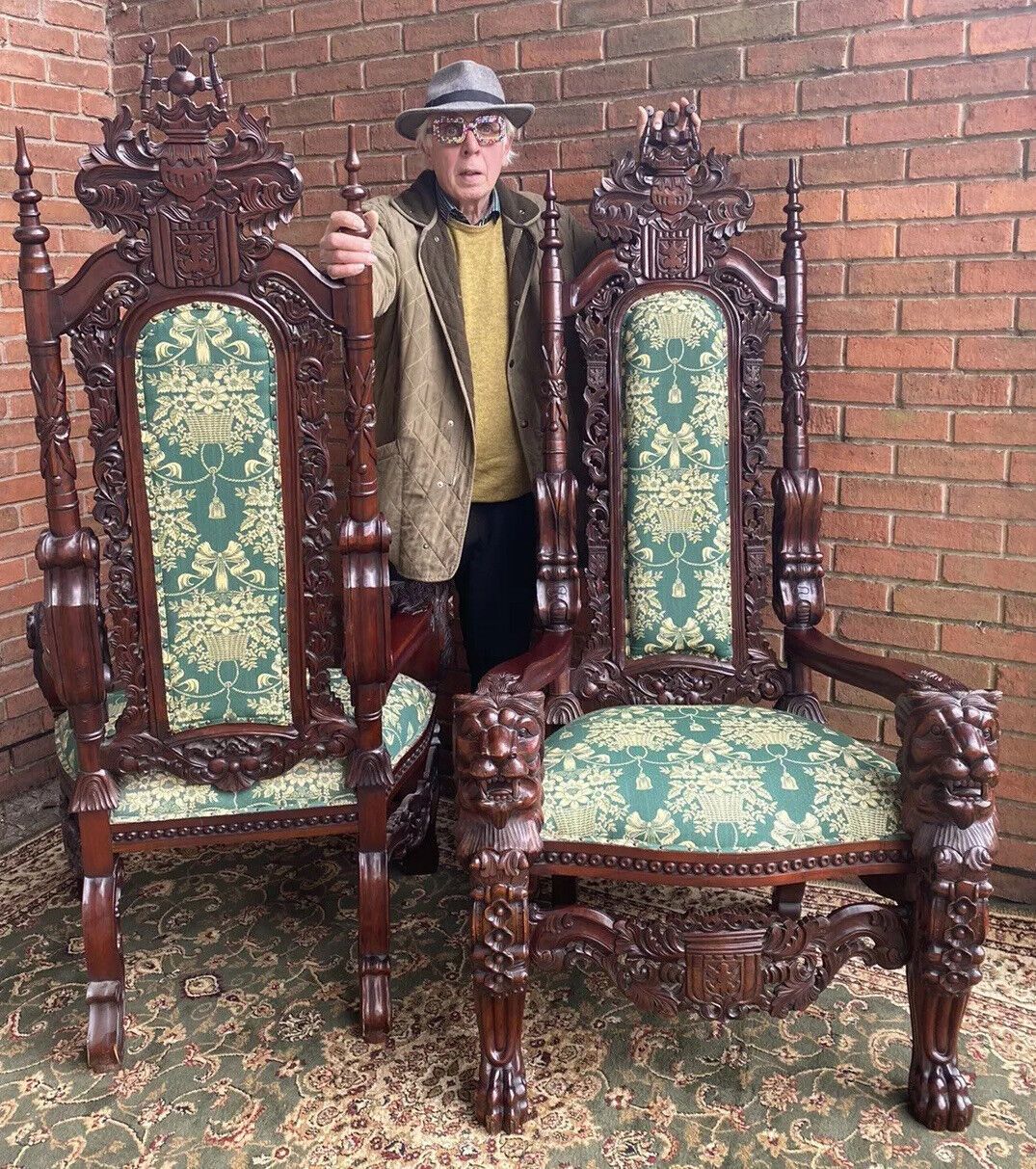 Fine Reproduction Pair Of Colonial Throne Seats With Lion Claw Feet photo furniture
