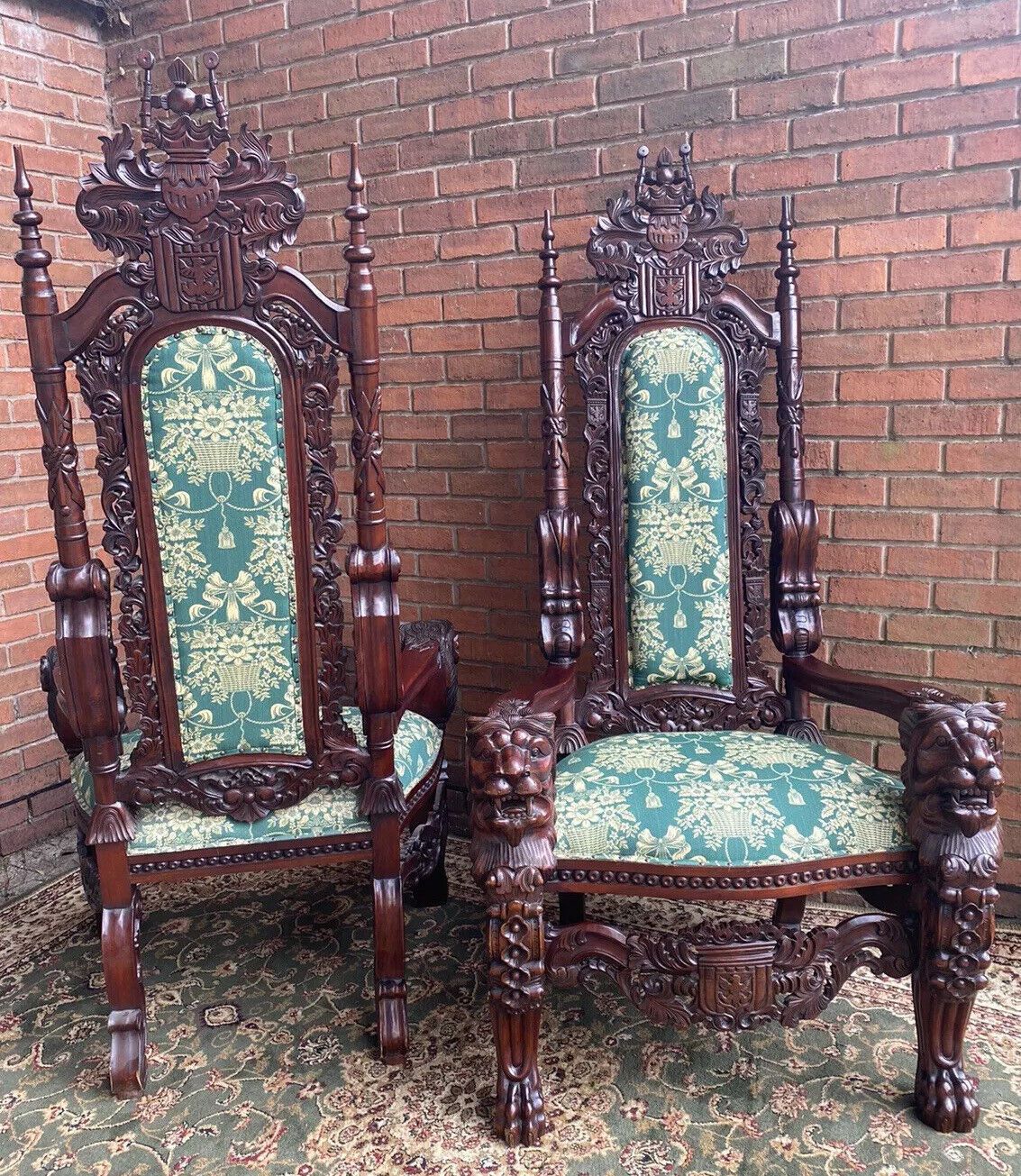 Furniture Fine Reproduction Pair Of Colonial Throne Seats With Lion Claw Feet photo