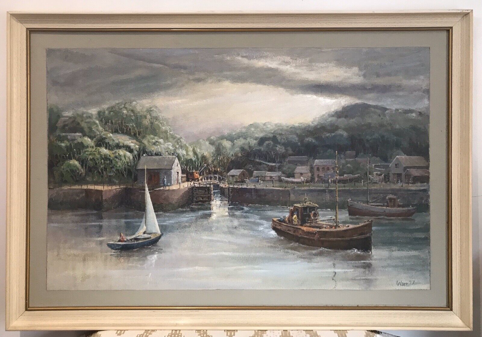 Harbour Scene With Fishing Boats Original Oil Painting On Board Signed By Artist