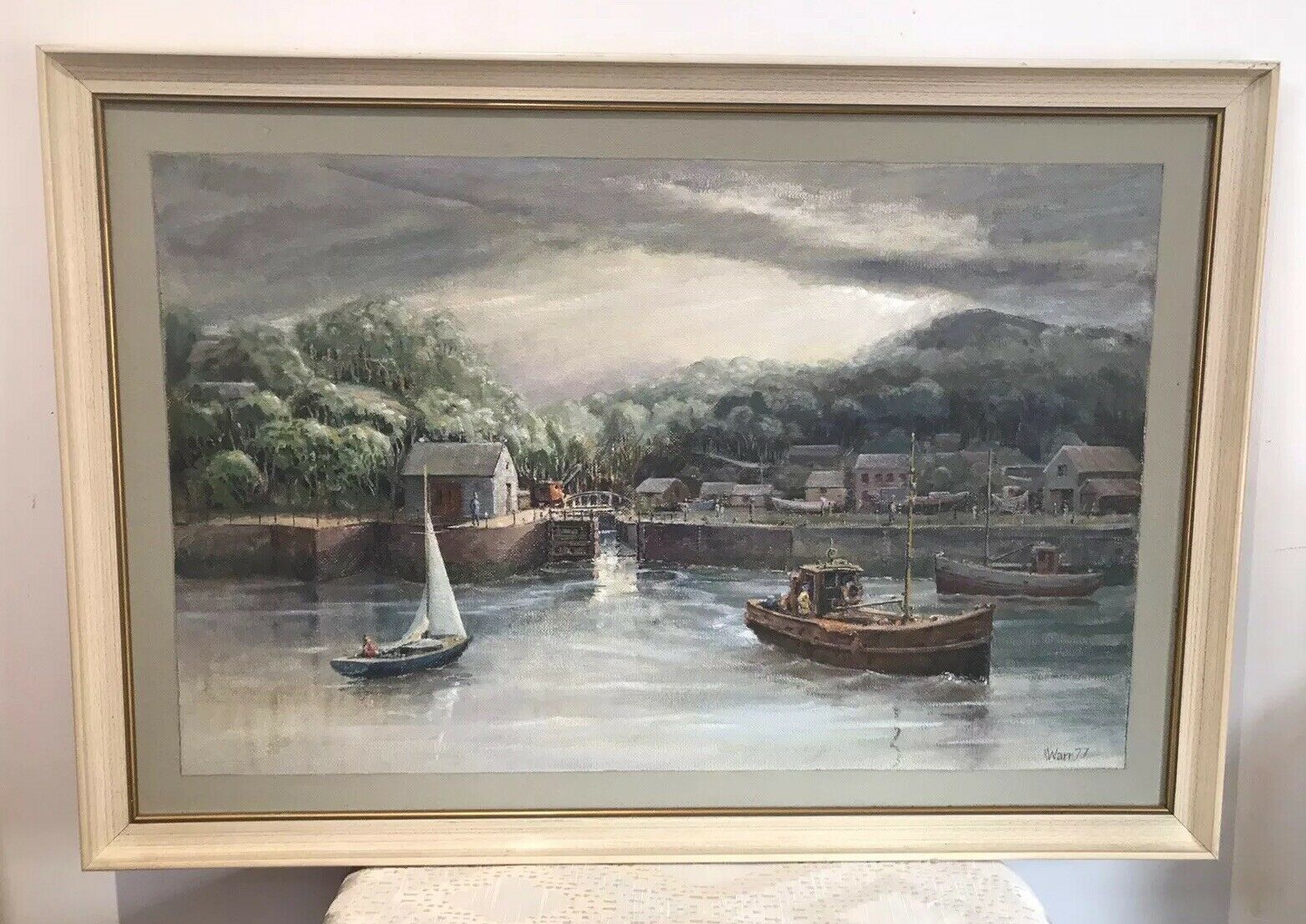 Harbour Scene With Fishing Boats Original Oil Painting On Board Signed By Artist photo furniture