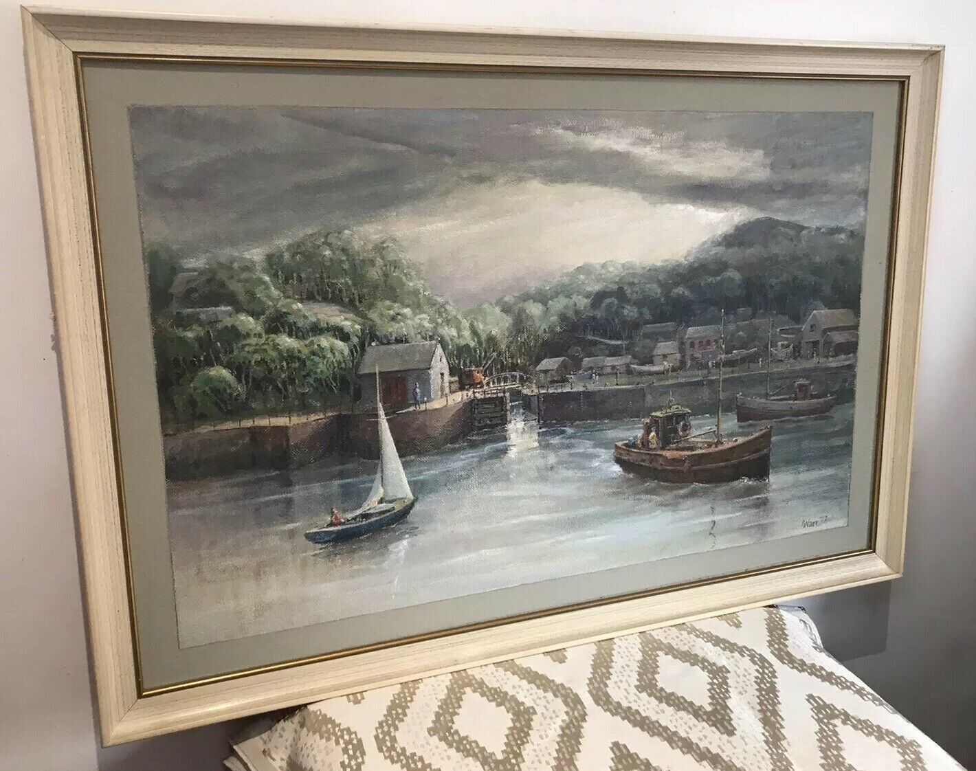 Harbour Scene With Fishing Boats Original Oil Painting On Board Signed By Artist photo for sale
