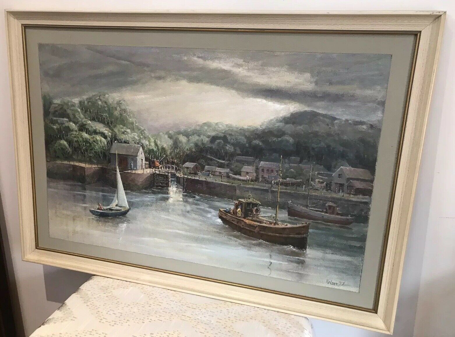 Harbour Scene With Fishing Boats Original Oil Painting On Board Signed By Artist photo Art