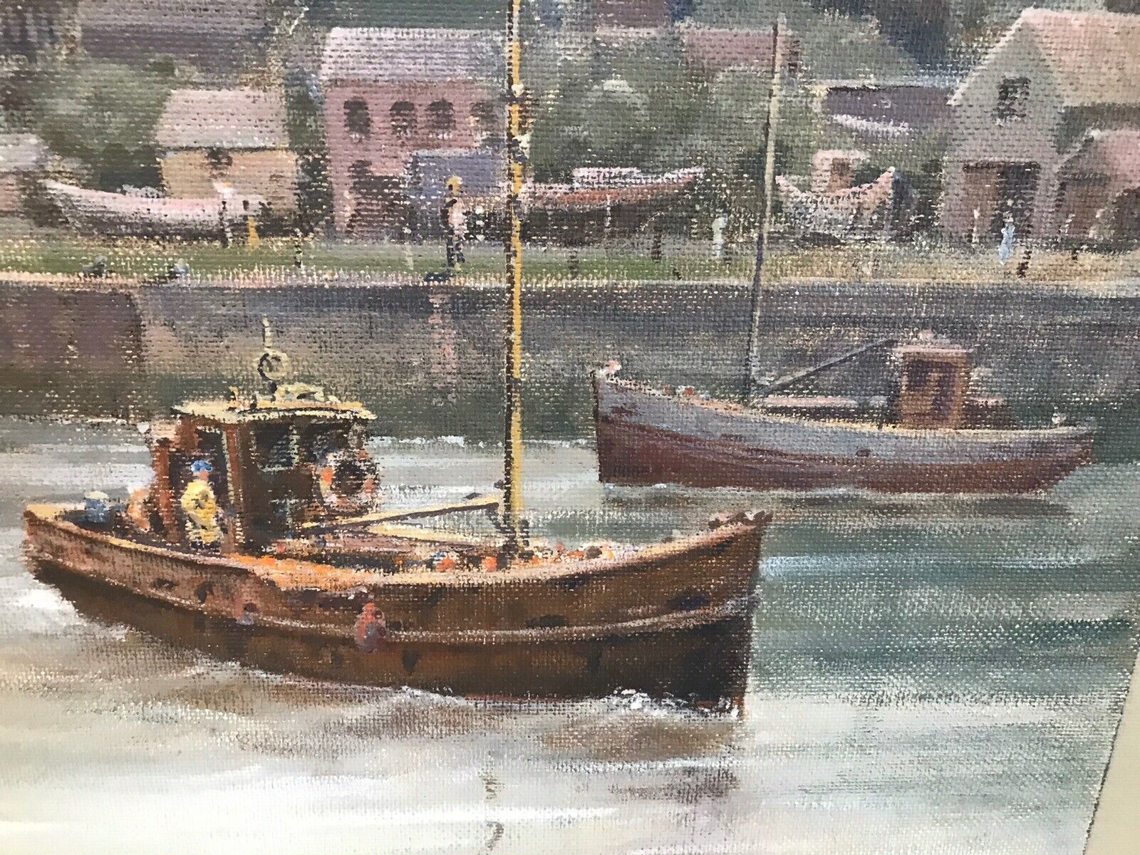 Harbour Scene With Fishing Boats Original Oil Painting On Board Signed By Artist photo vinterior