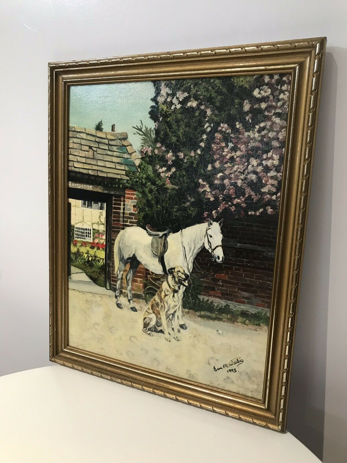 After Barbara Woodhouse Oil Painting Titled ‘Friends Dog With A Horse’ Signed photo furniture