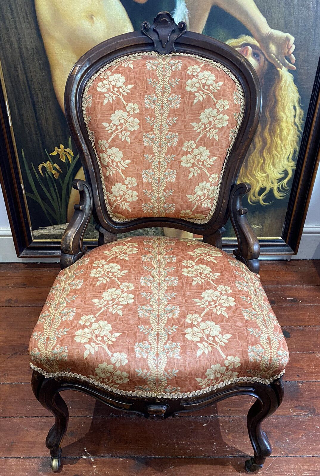 Ladies French Empire Sewing Chair With Elegant Floral Upholstery photo vintage