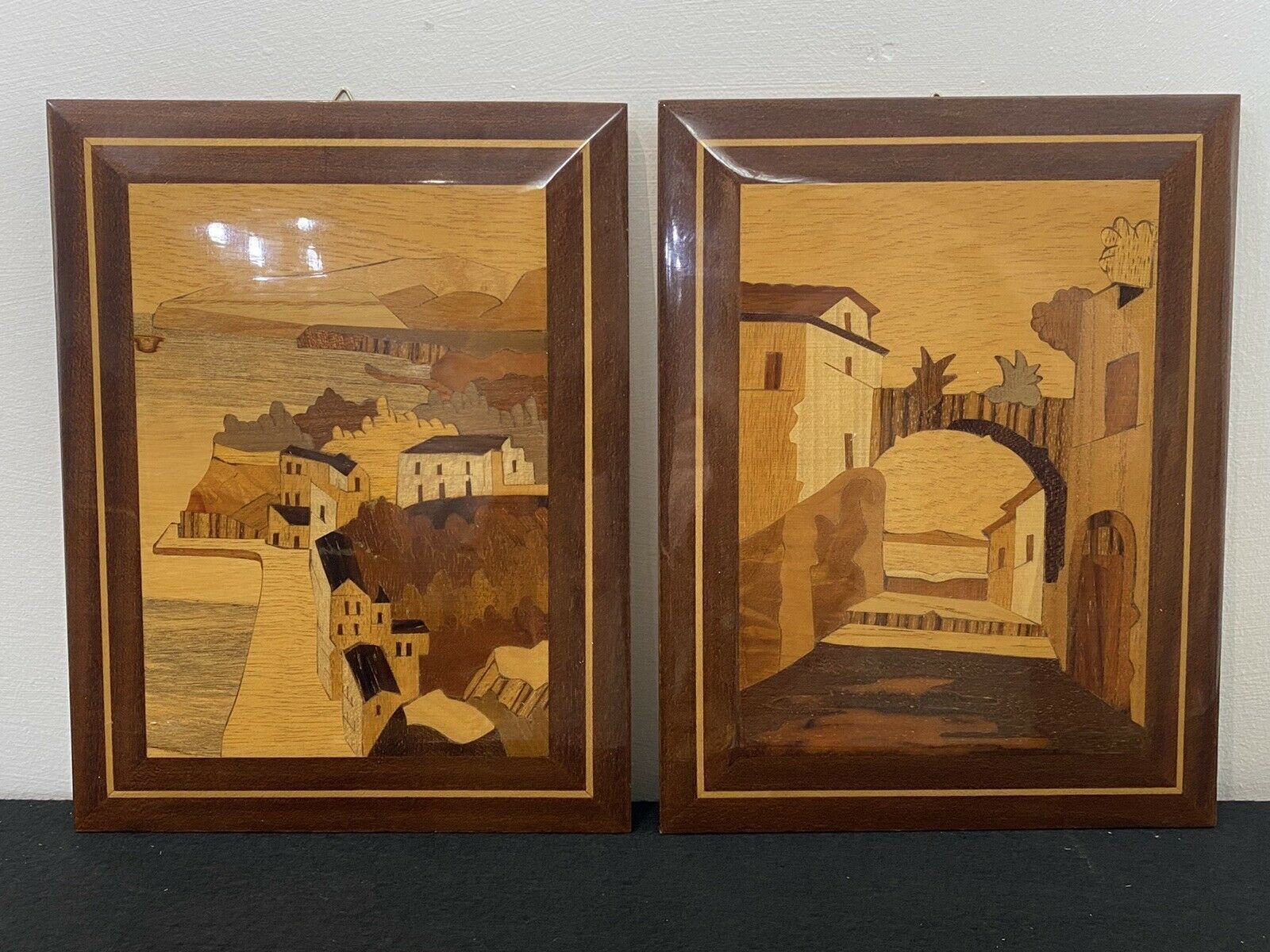 Pair Of Italian Landscapes Fruitwood Inlaid Sorrento Plaques