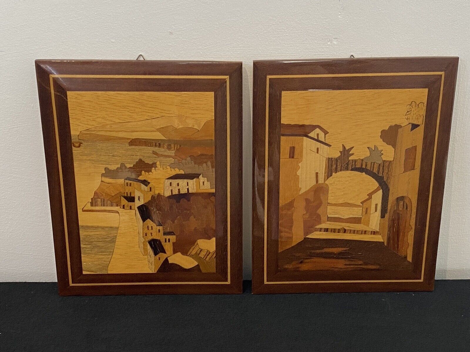 Pair Of Italian Landscapes Fruitwood Inlaid Sorrento Plaques photo vinterior