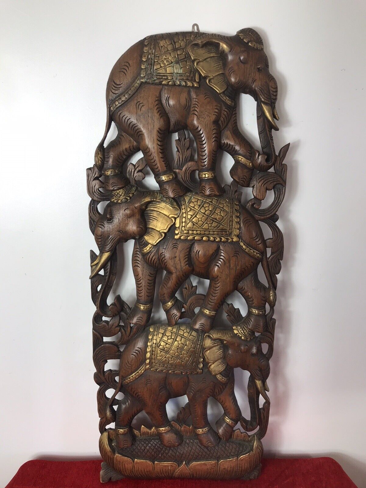 Large Hand Carved Plaque Of Balancing Trio Of Elephants In Hardwood & Gilt Work photo furniture