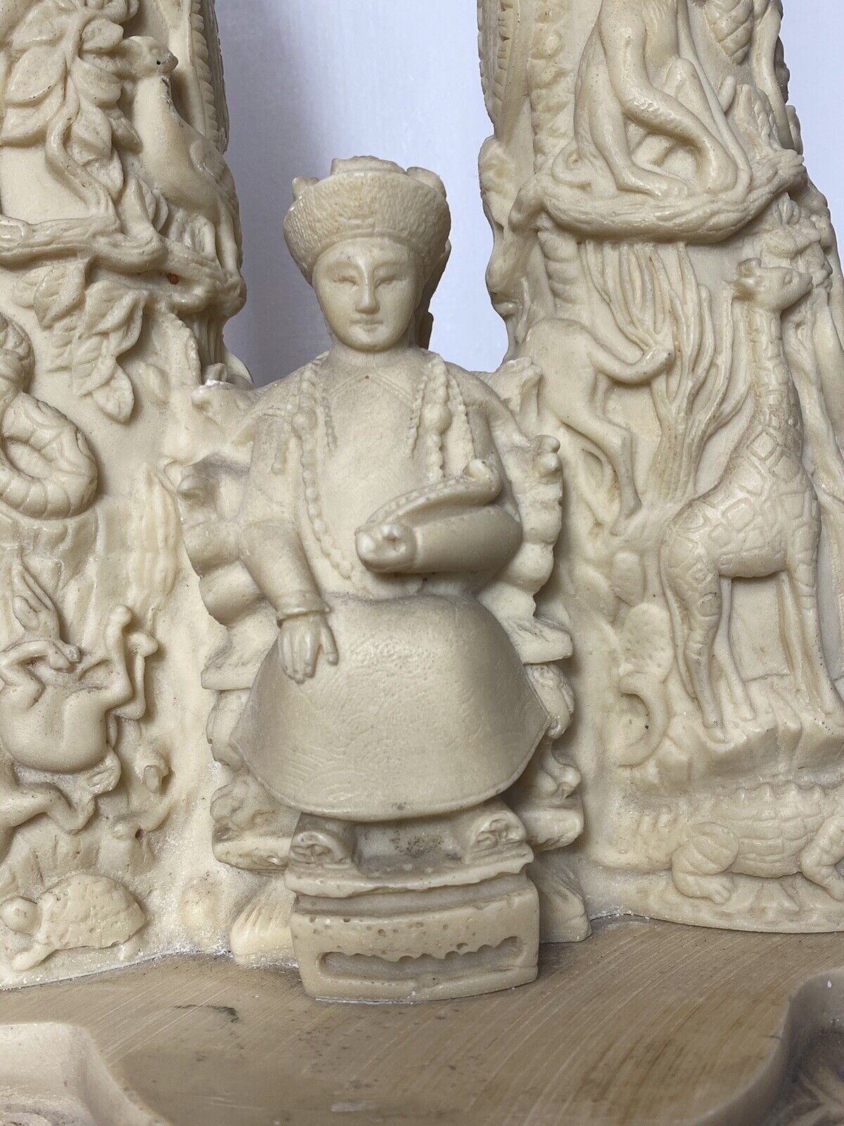 photo for sale Reproduction Elaborate Exhibition Double Rhino Horn Carved Sculpture
