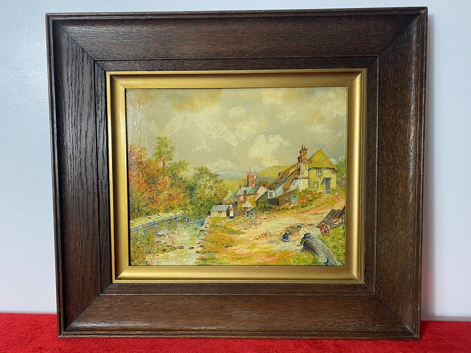 Period Victorian Country Scene With 16c Farm House & Figures Oil Painting photo for sale