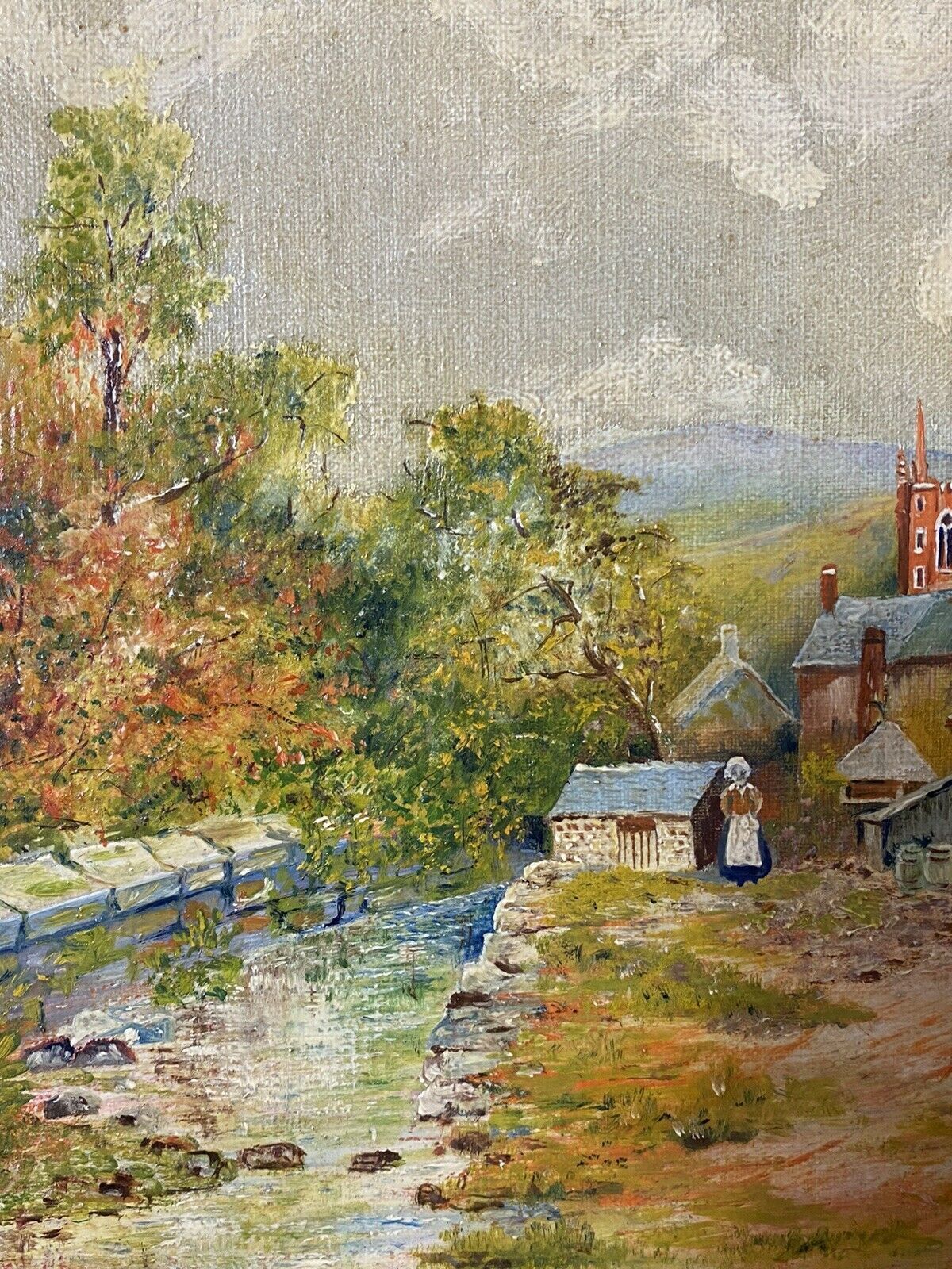Period Victorian Country Scene With 16c Farm House & Figures Oil Painting photo vintage