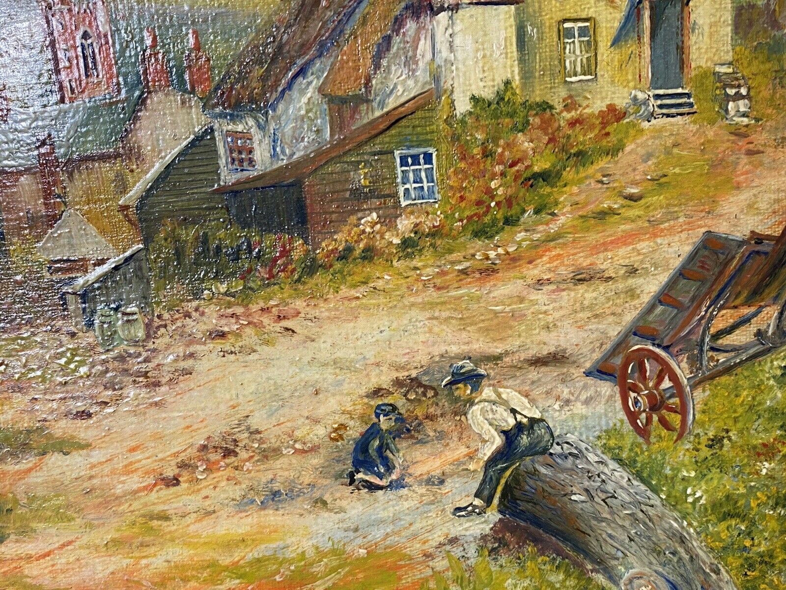 photo for sale Period Victorian Country Scene With 16c Farm House & Figures Oil Painting