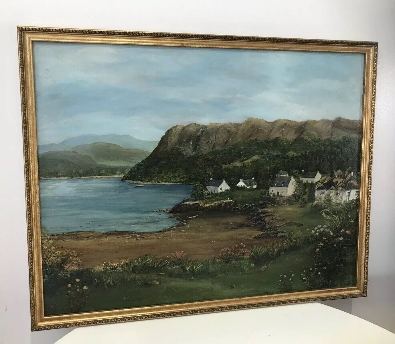 Landscape Oil Painting Of Cove With Beach And Houses Signed H D A Seaton photo furniture