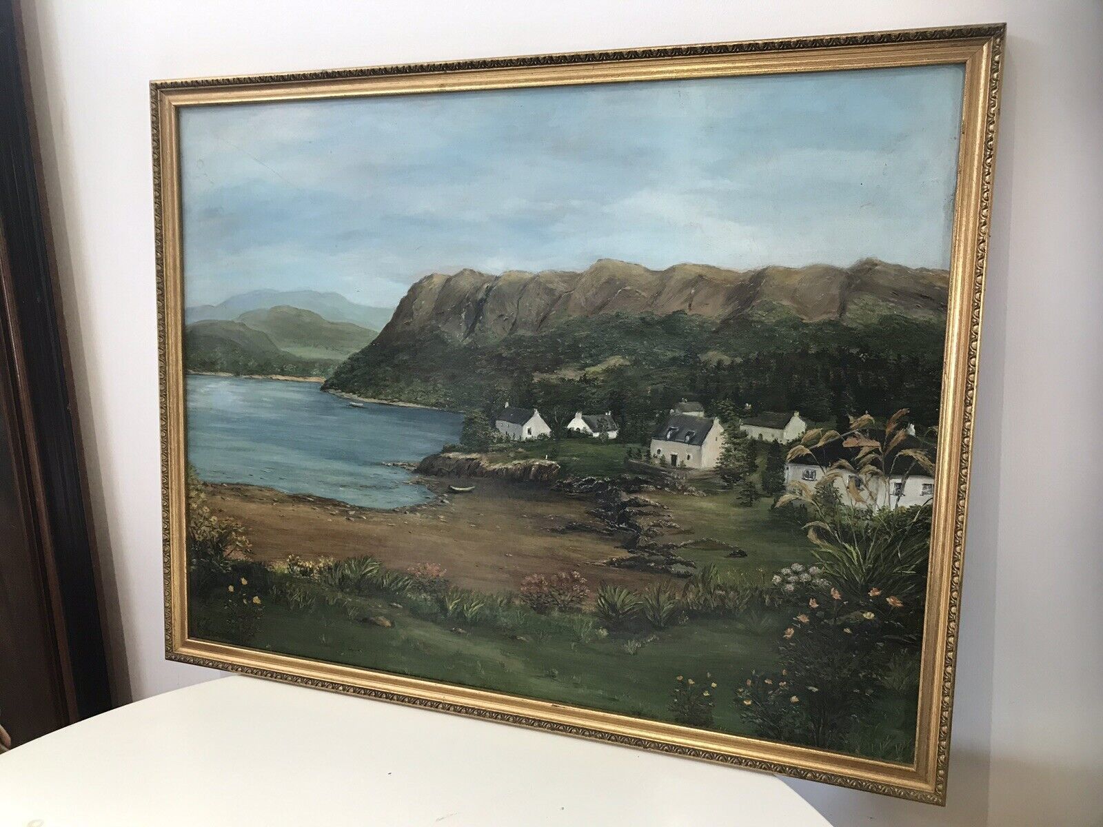 Art Landscape Oil Painting Of Cove With Beach And Houses Signed H D A Seaton photo